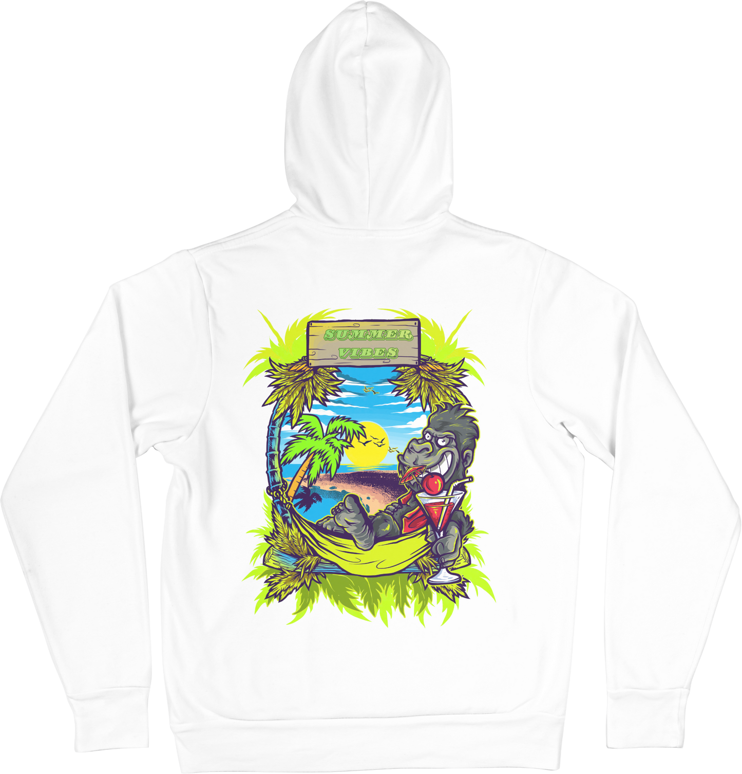 white hoodie with a colorful graphic of a gorilla drinking a margarita on a beach, with 'Summer Vibes' text