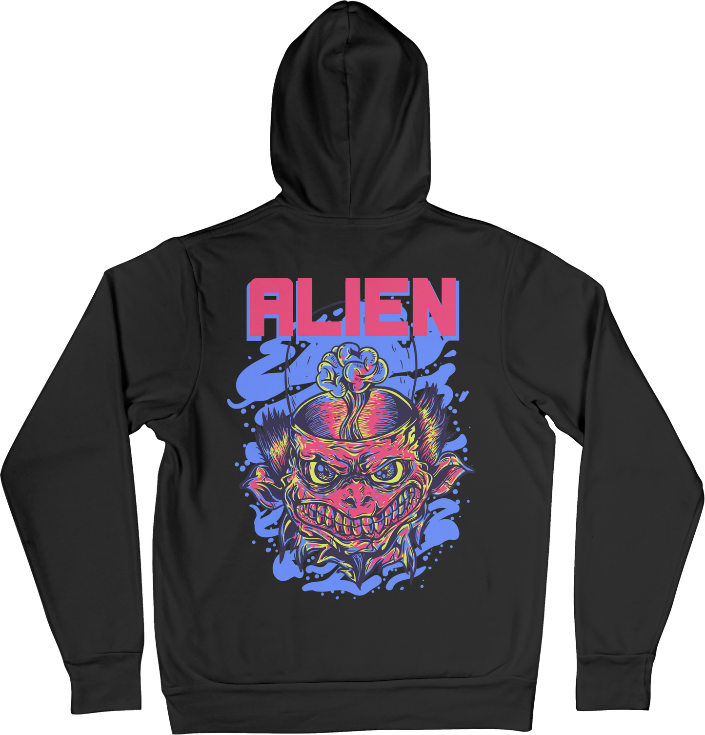 Black hoodie with colorful alien design on the back