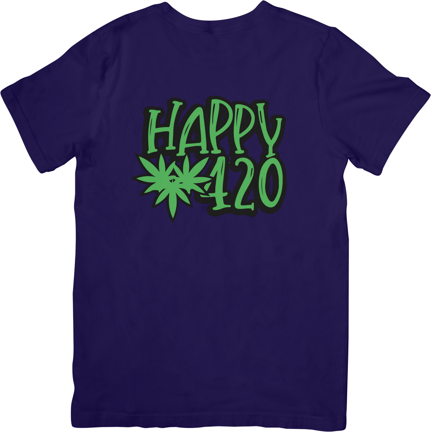 Navy blue t-shirt with green 'Happy 420' text and leaf graphics