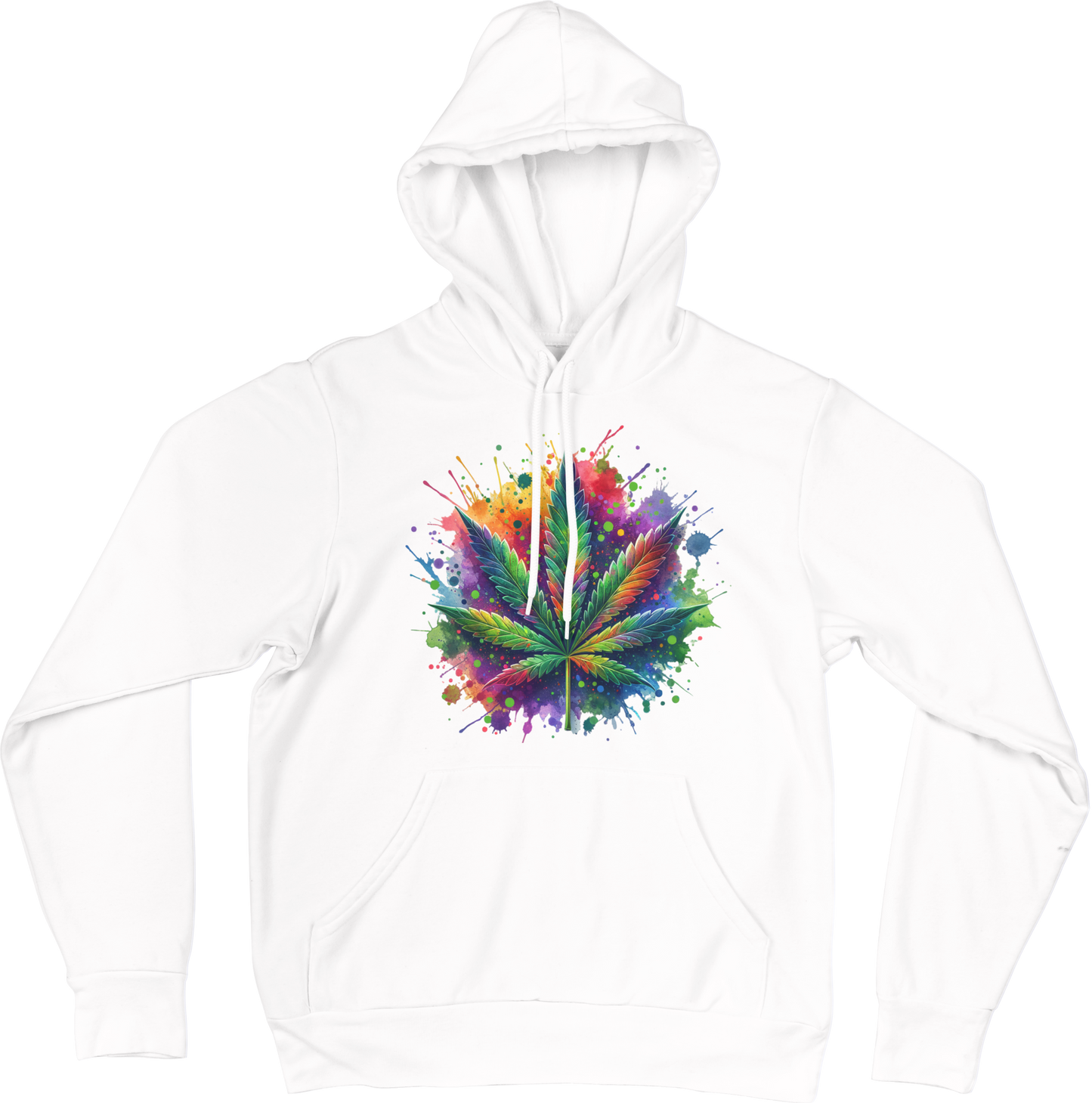White hoodie with a colorful cannabis leaf design on a white background