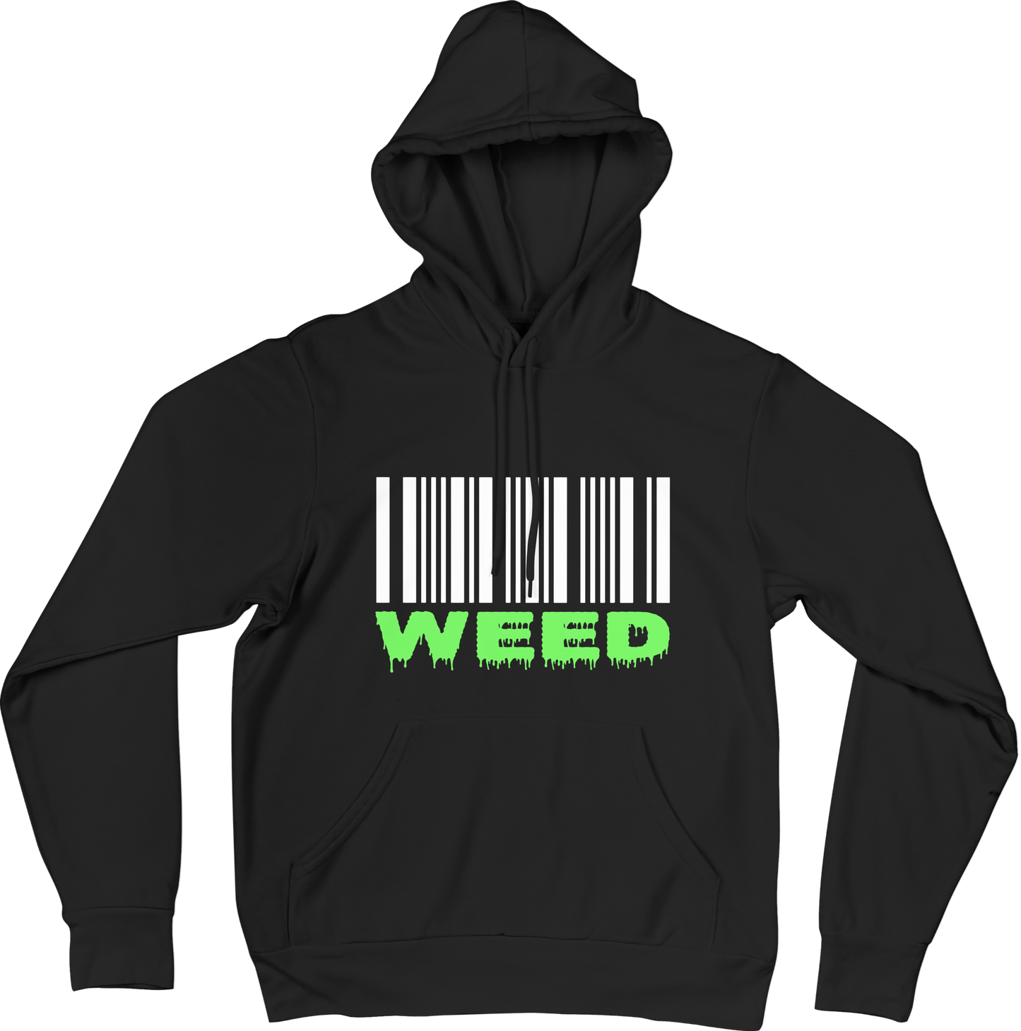 Black hoodie with a barcode and 'WEED' text on a white background