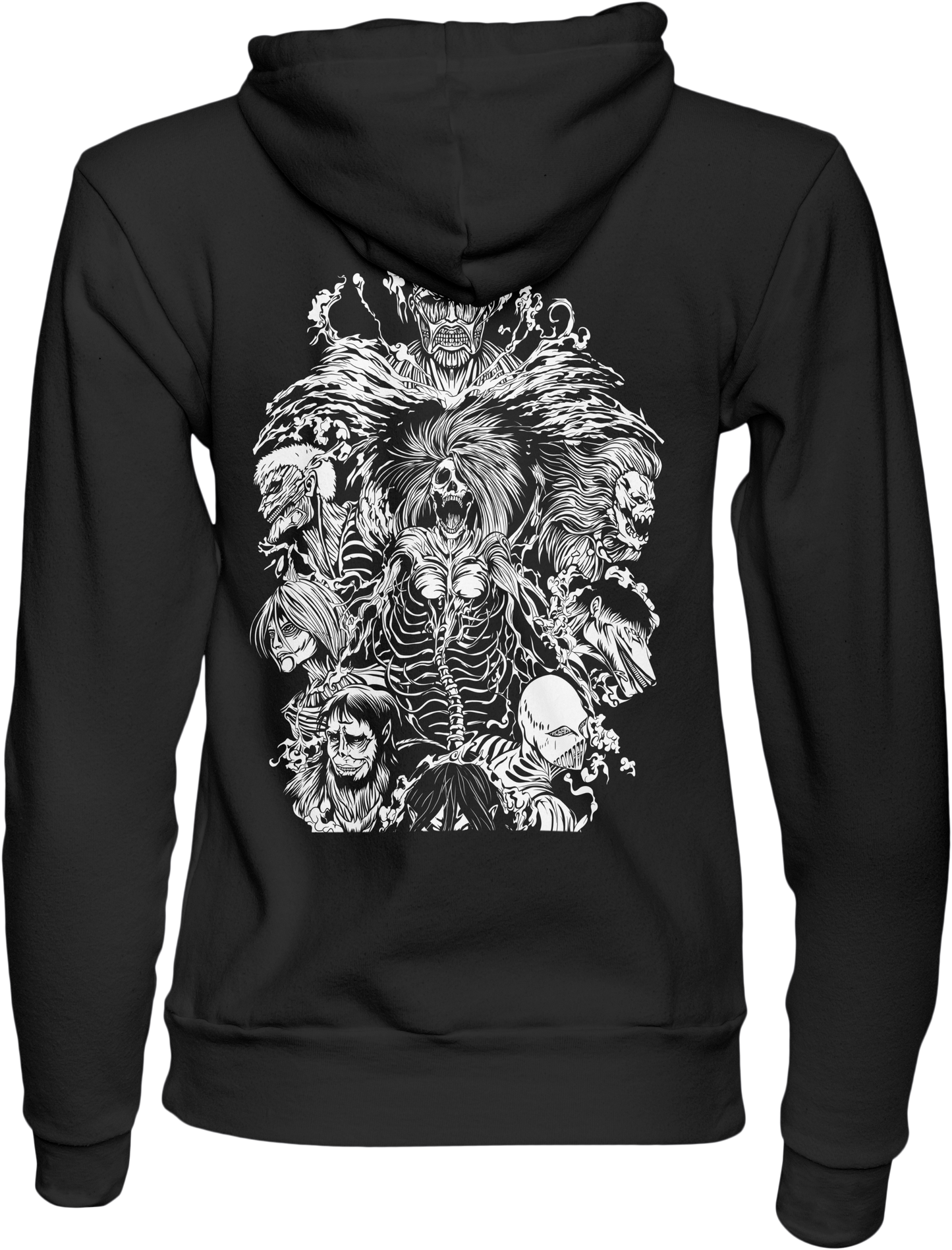 Black hoodie with a detailed white graphic on the back