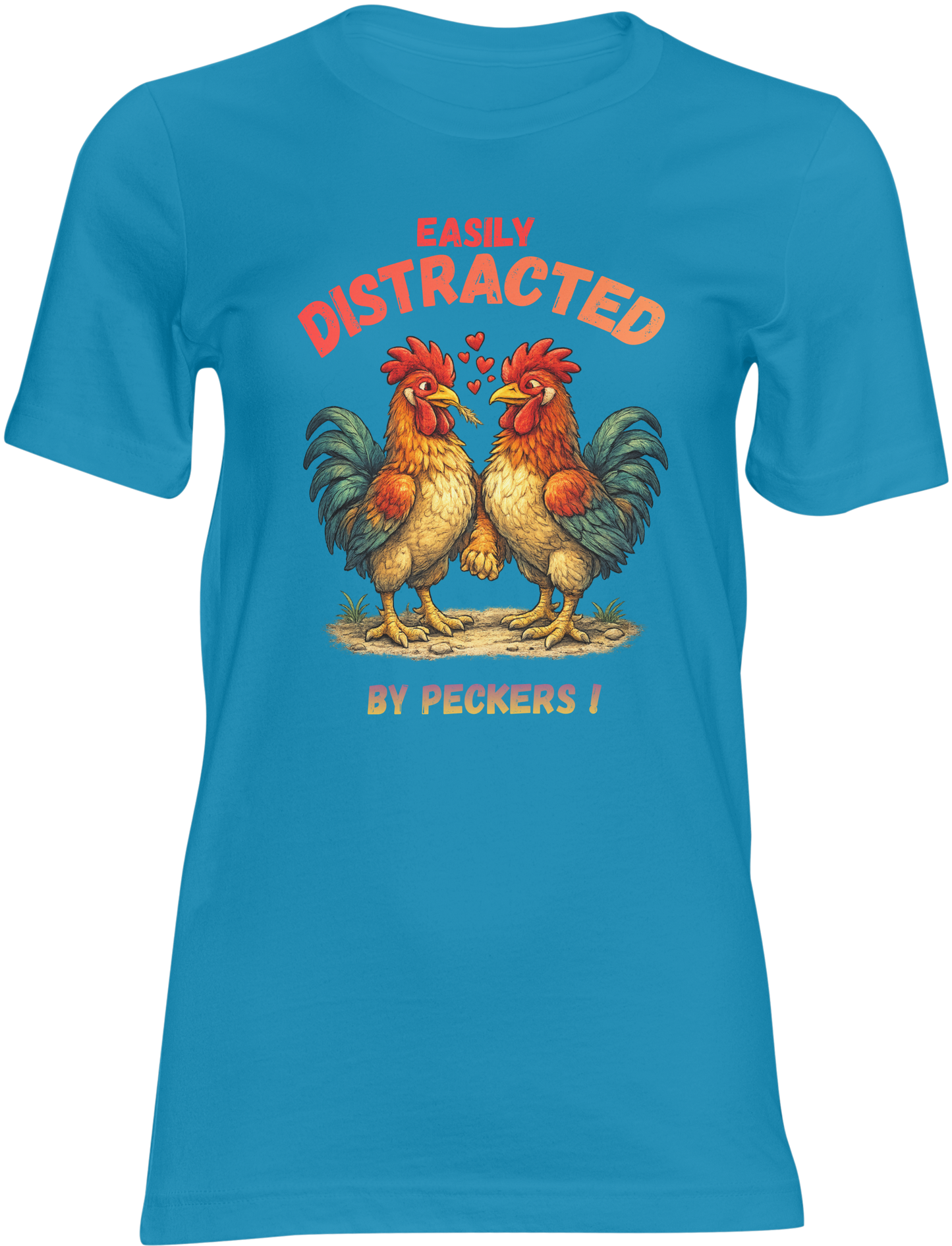 auqua blue t-shirt with rooster graphic and text on an auqua blue background