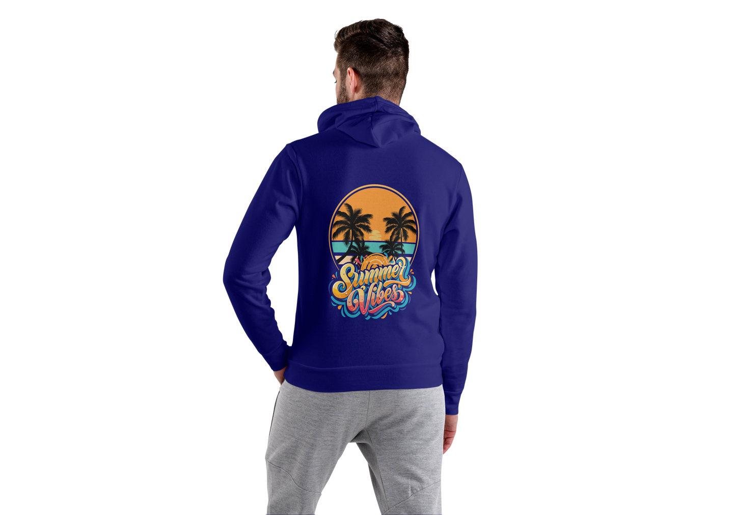 Person wearing a blue hoodie with a palm tree design and 'Summer Vibes' text on the back.