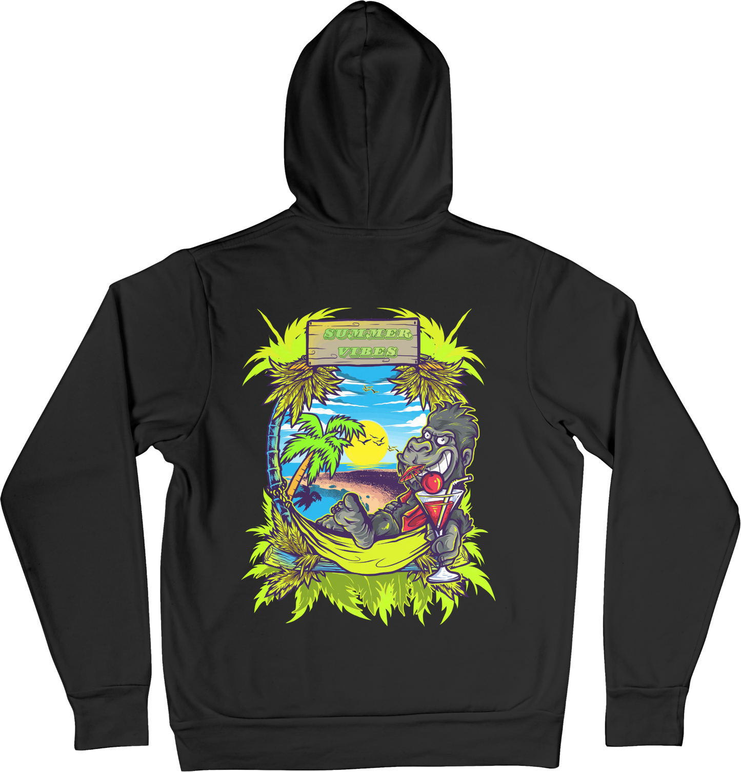 Black hoodie with a colorful graphic of a gorilla drinking a margarita on a beach, with 'Summer Vibes' text.