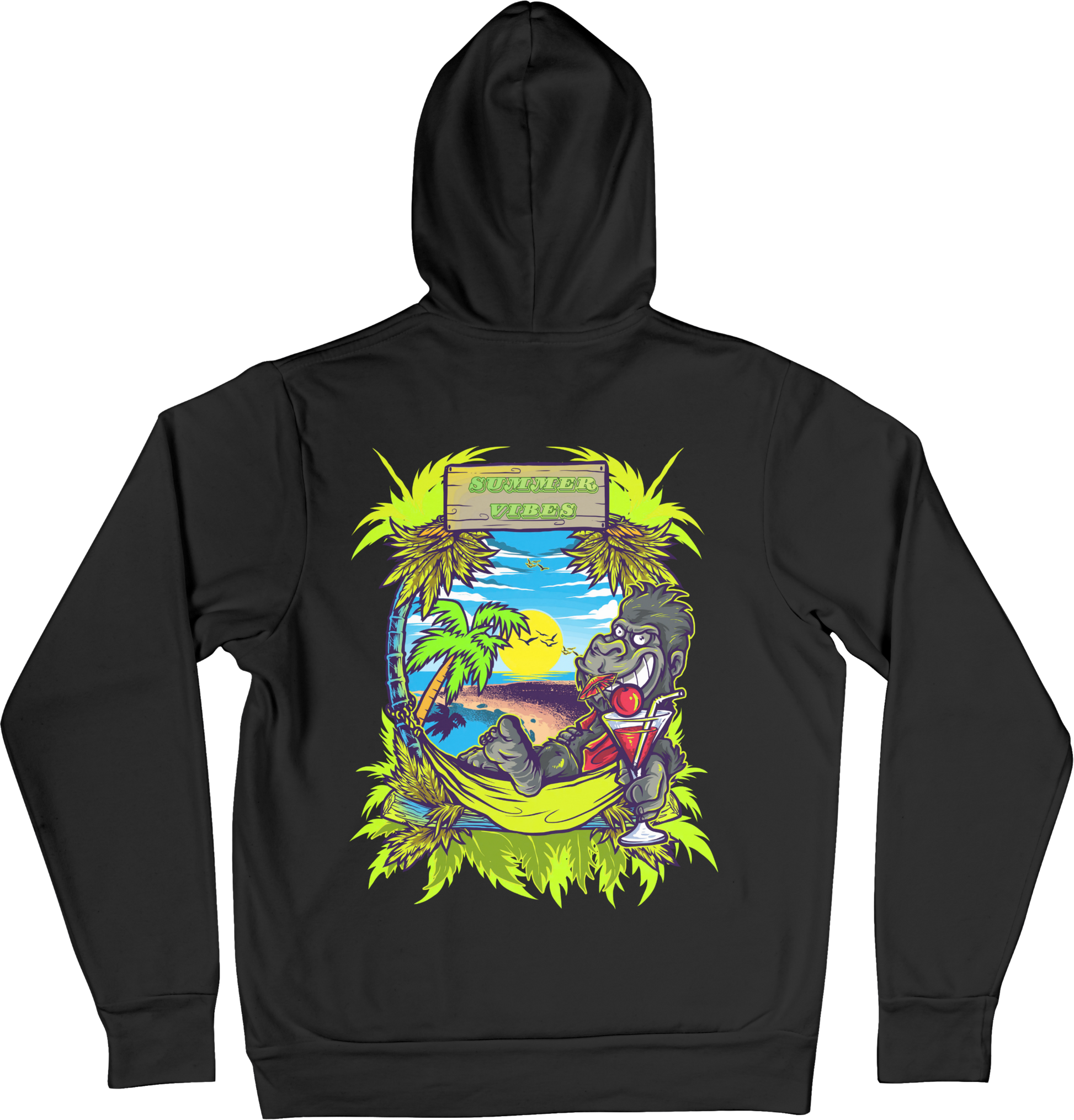 Black hoodie with a colorful graphic of a gorilla drinking a margarita on a beach, with 'Summer Vibes' text.