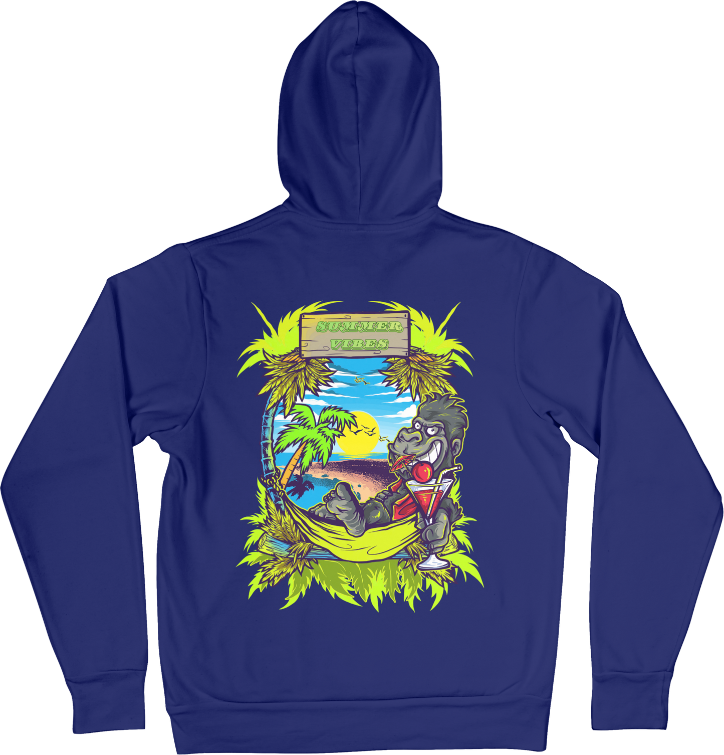 blue hoodie with a colorful graphic of a gorilla drinking a margarita on a beach, with 'Summer Vibes' text