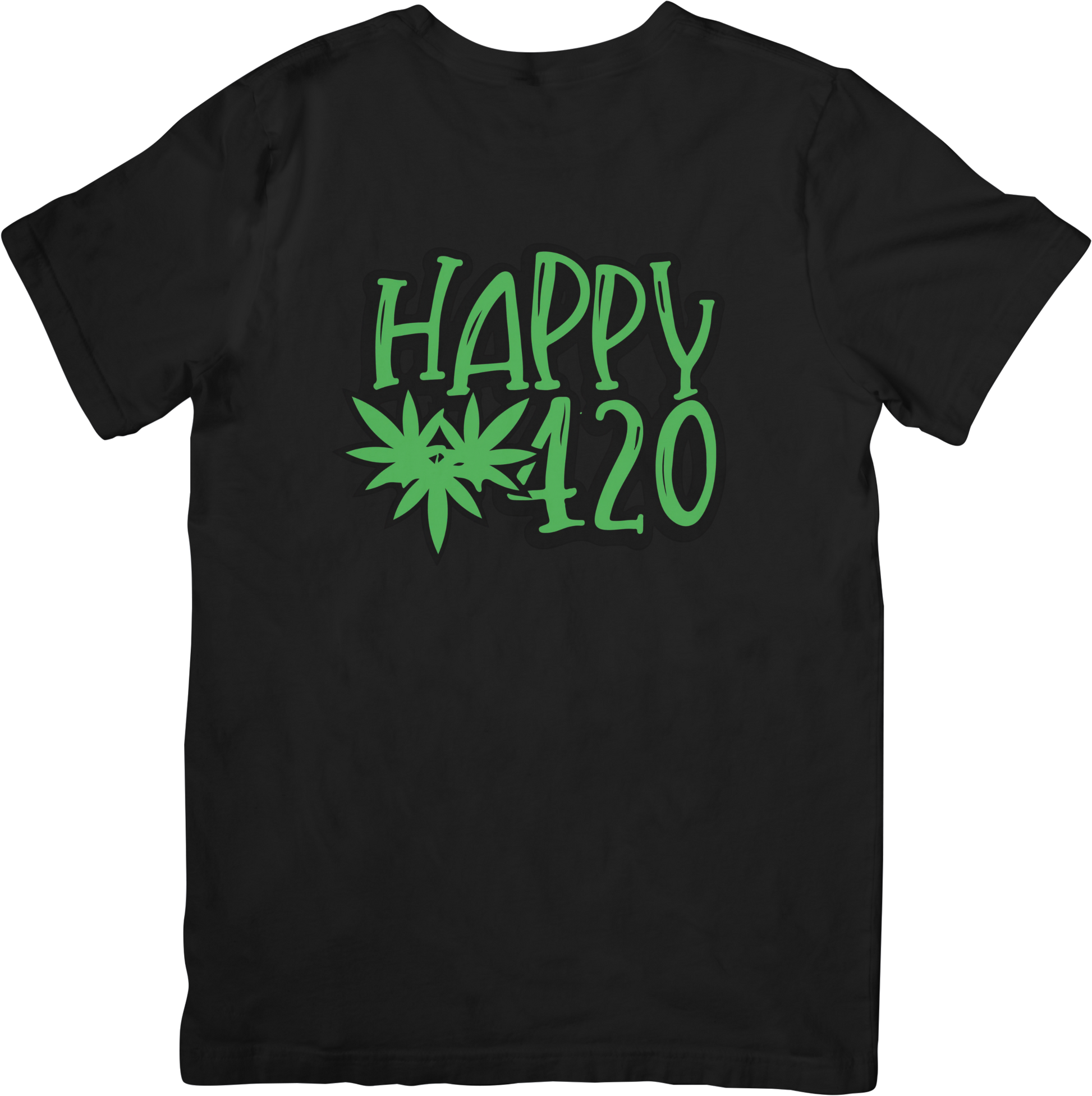 Black t-shirt with green 'Happy 4/20' text and leaf graphics 
