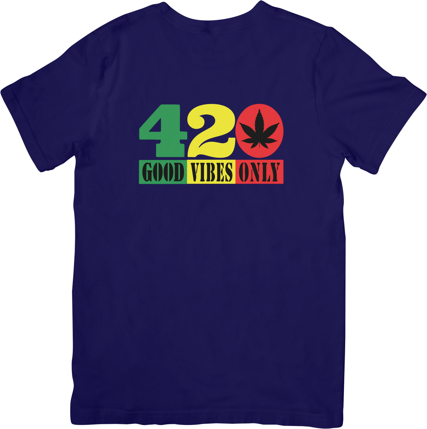 Navy blue t-shirt with '420 Good Vibes Only' graphic design 
