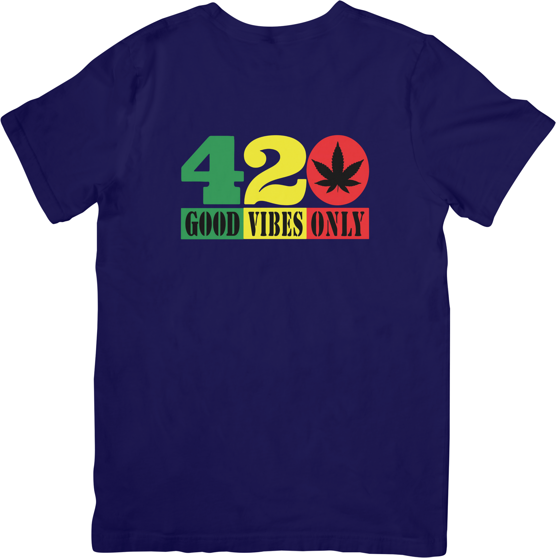 Navy blue t-shirt with '420 Good Vibes Only' graphic design 