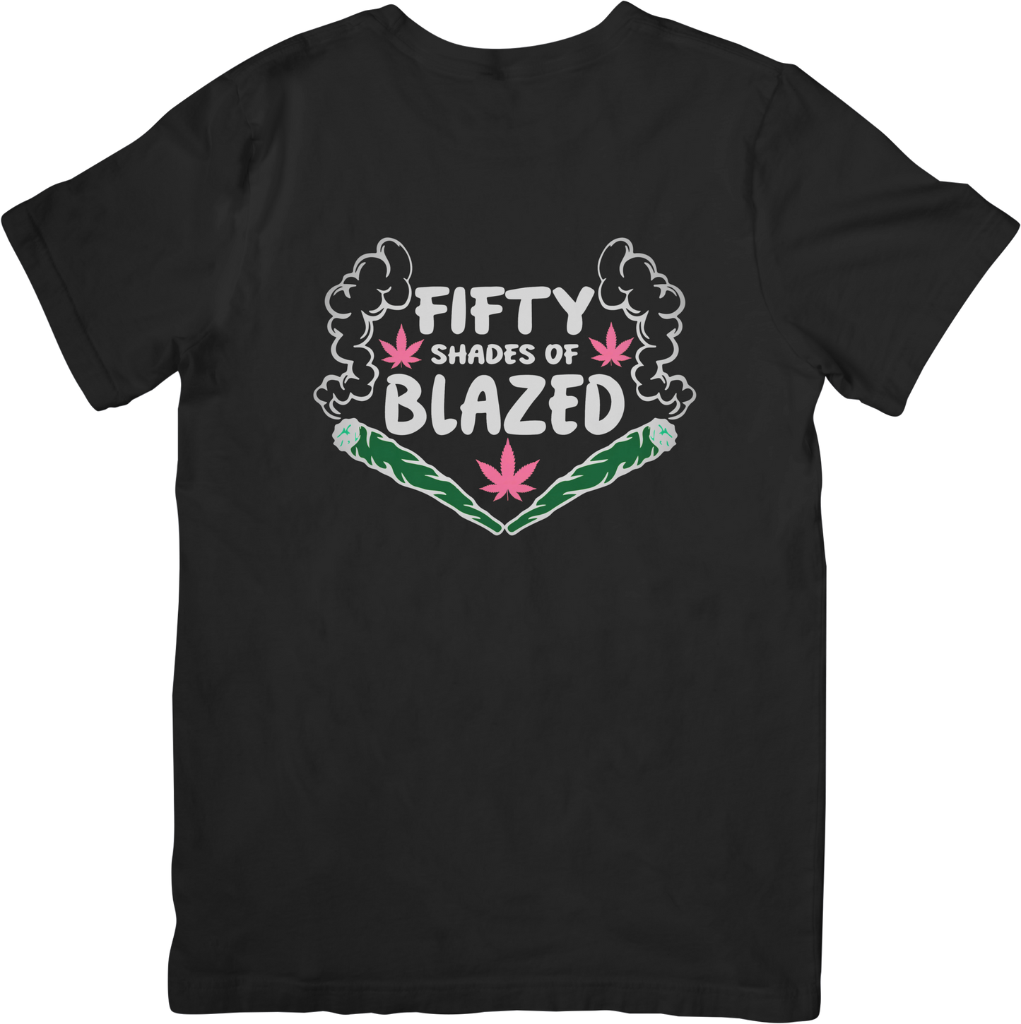 Black t-shirt with 'Fifty Shades of Blazed' graphic design 