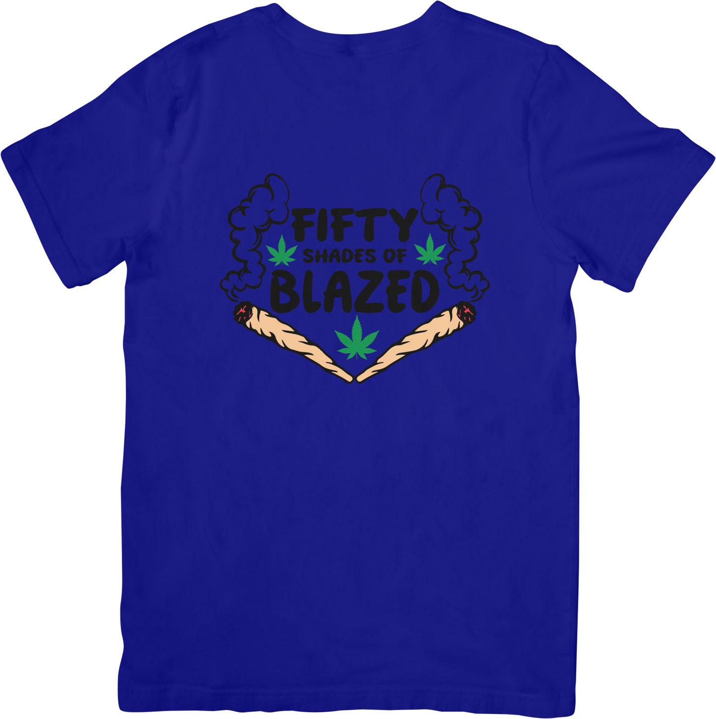 Blue t-shirt with 'Fifty Shades of Blazed' graphic design 
