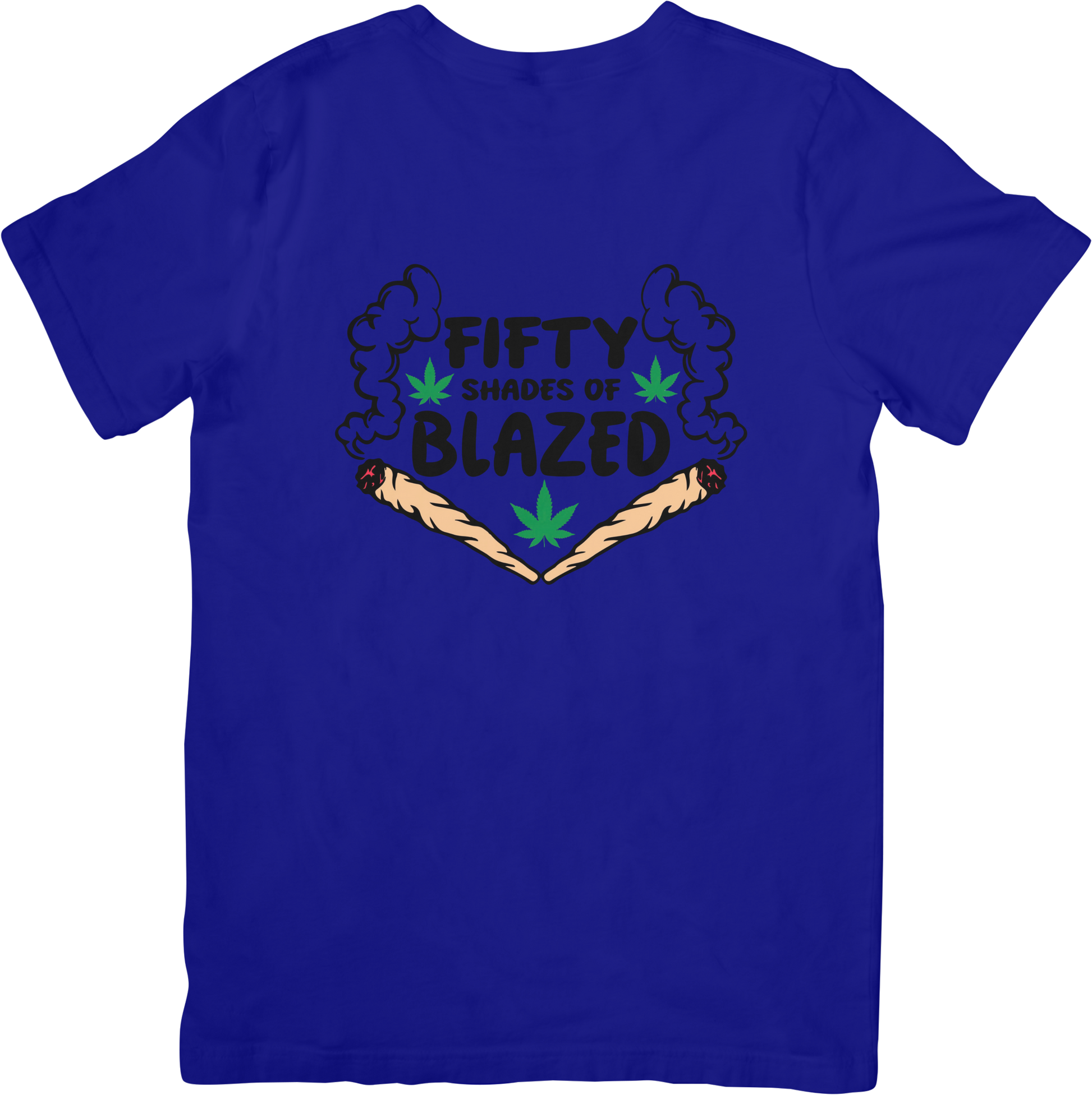 Blue t-shirt with 'Fifty Shades of Blazed' graphic design 