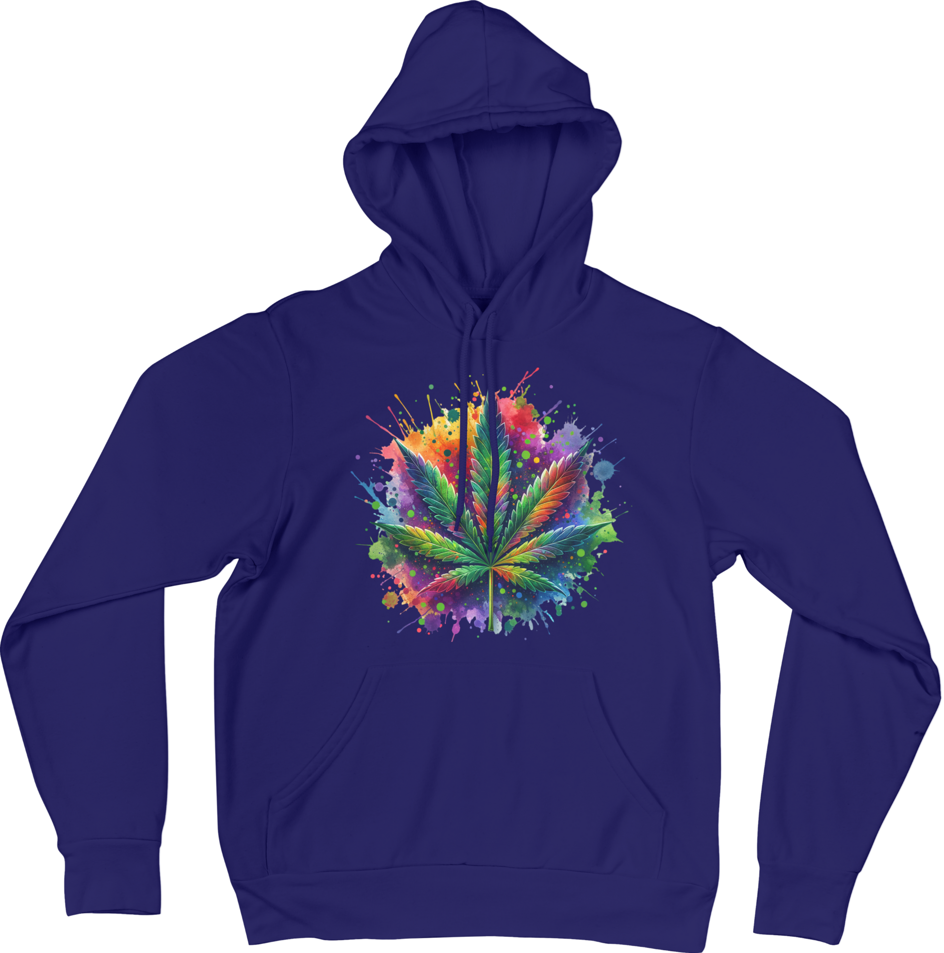 Blue hoodie with a colorful cannabis leaf design