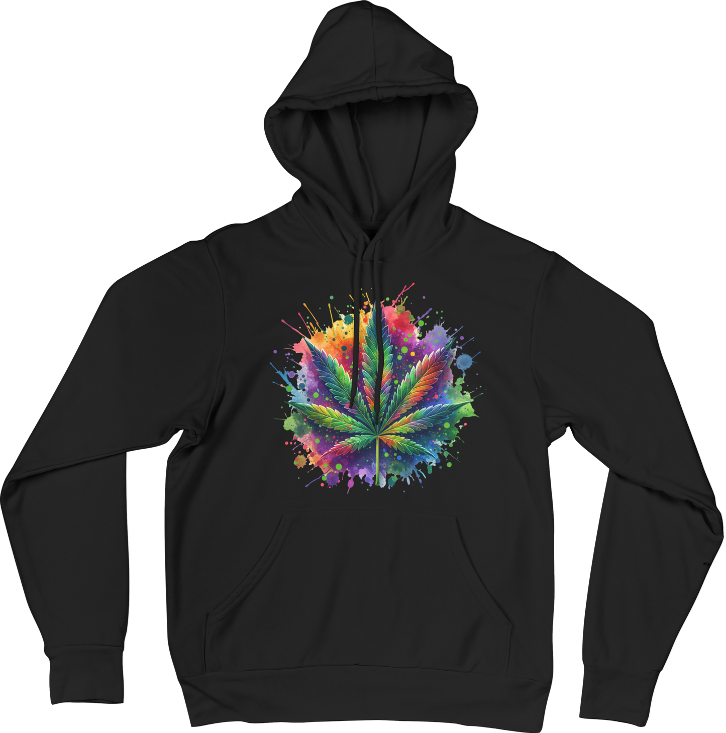 Black hoodie with a colorful cannabis leaf design 