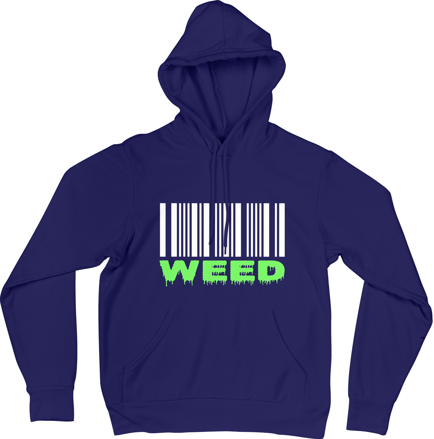 Blue hoodie with a barcode and 'WEED' text on a white background