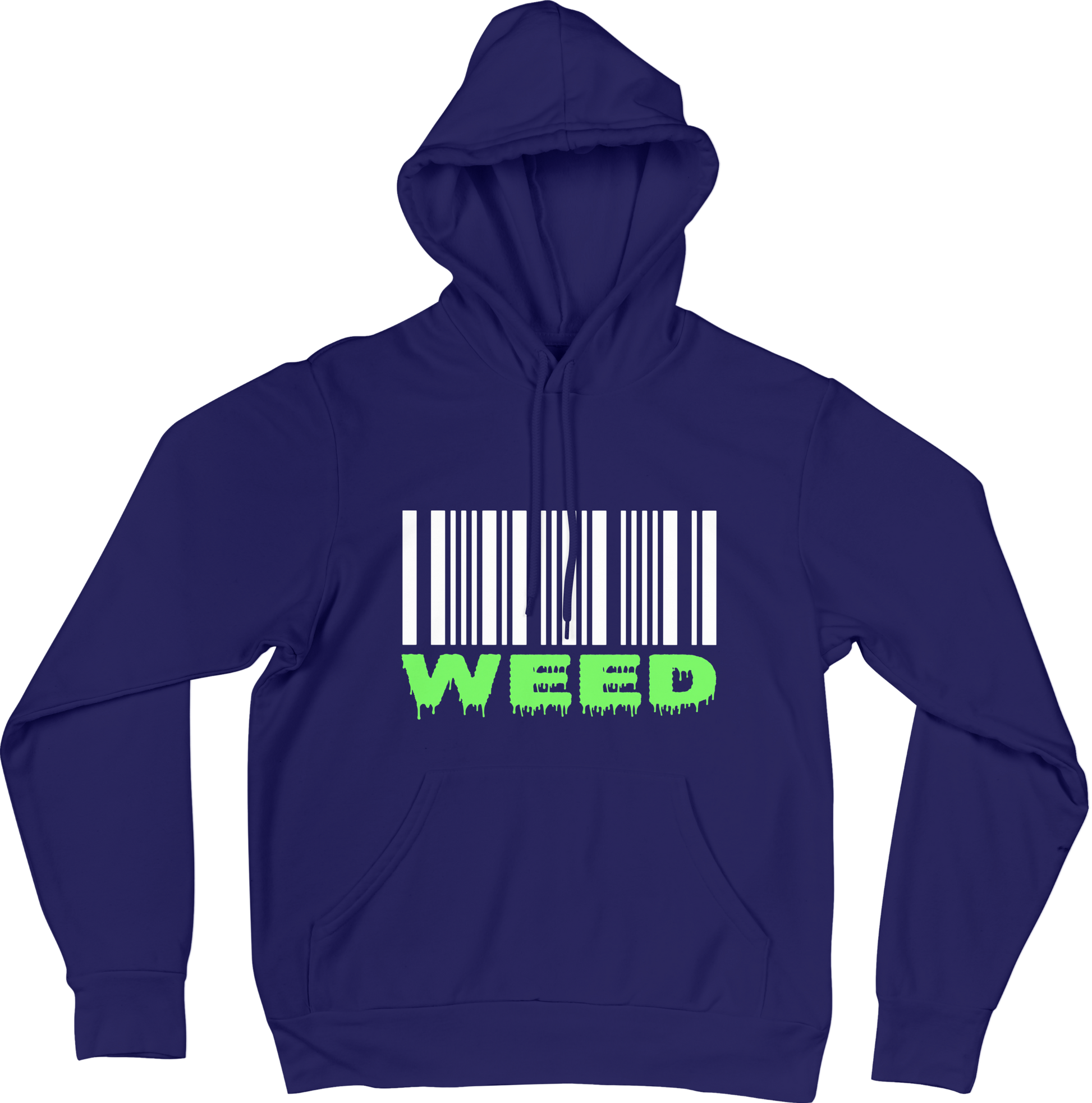 Blue hoodie with a barcode and 'WEED' text on a white background