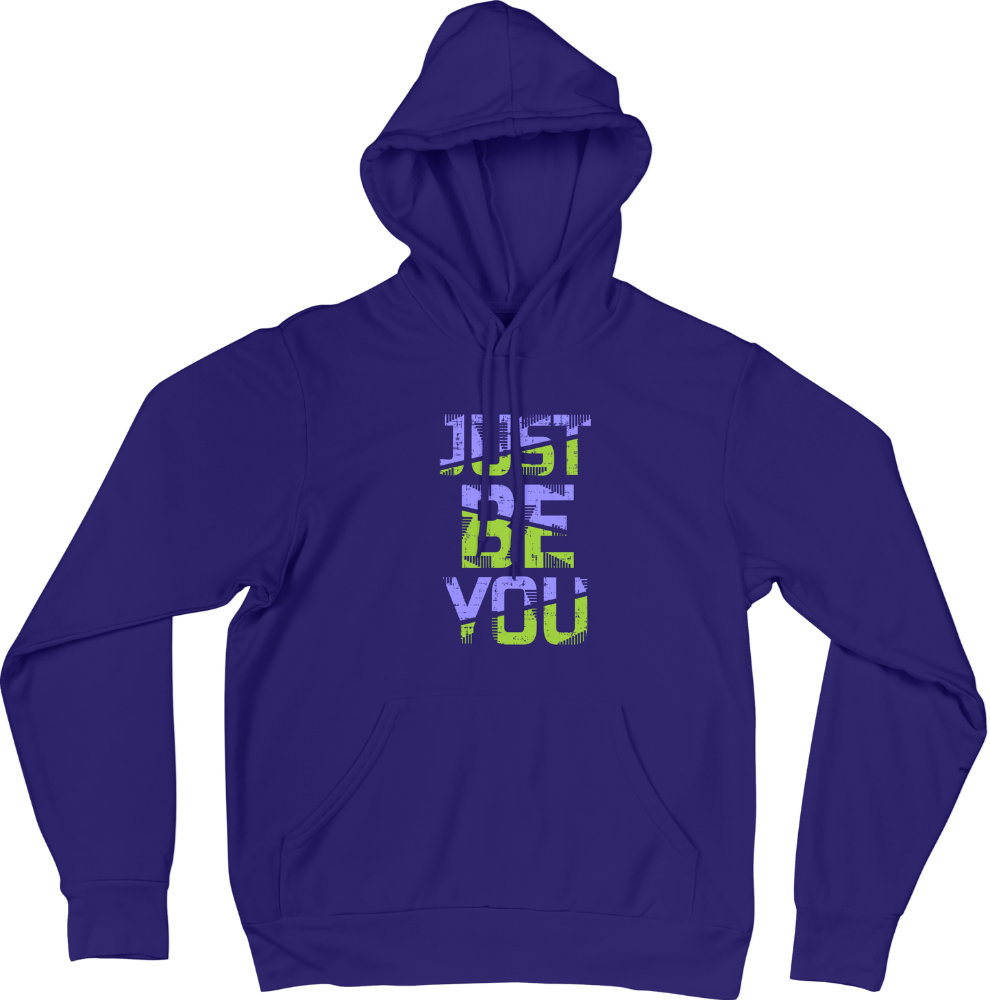 Blue hoodie with 'JUST BE YOU' text on a blue background