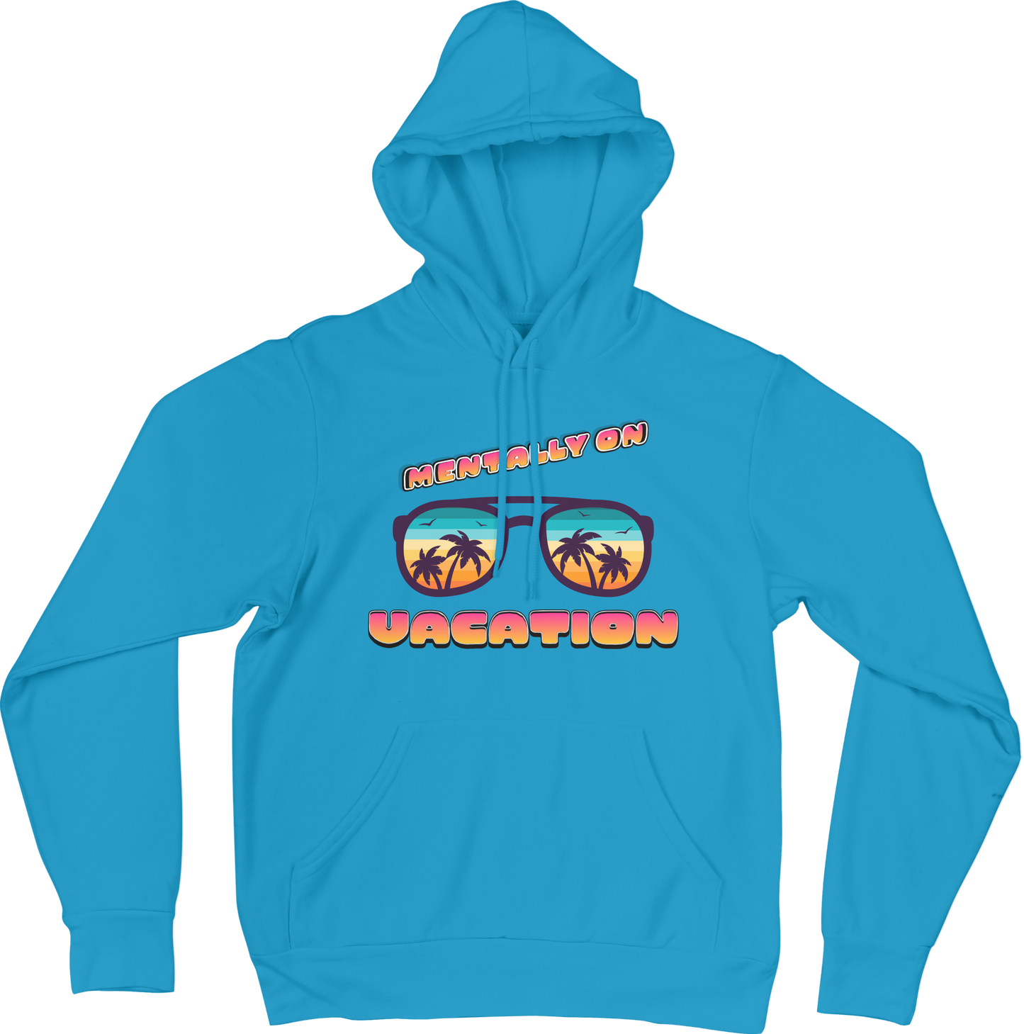 Aqua Blue hoodie with sunglasses graphic and text on a aqua blue background