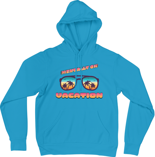 Aqua Blue hoodie with sunglasses graphic and text on a aqua blue background