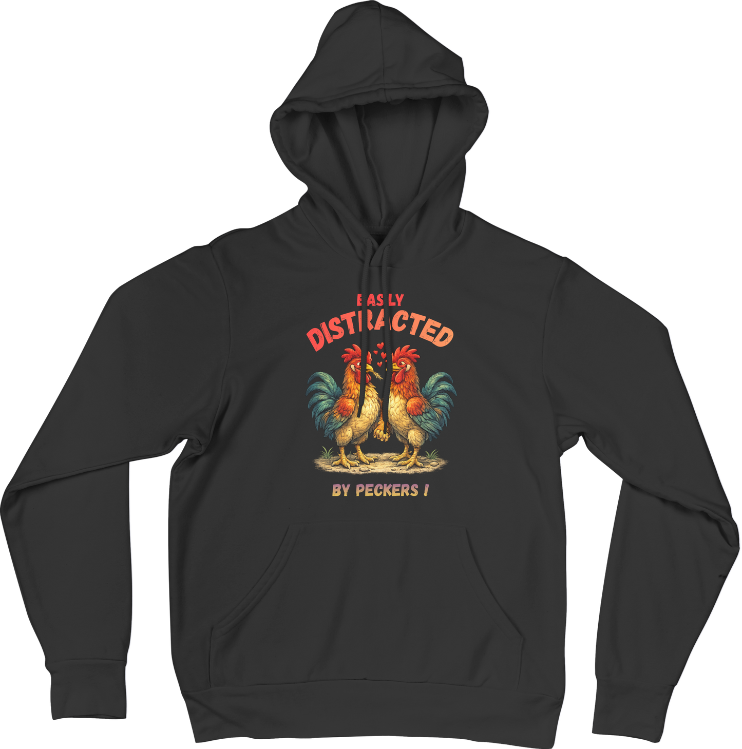 Black hoodie with rooster graphic and text on a black background