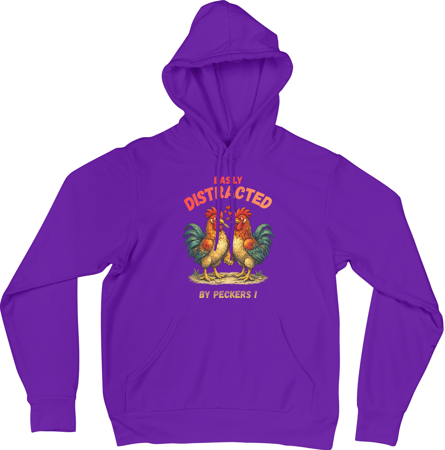 Purple hoodie with rooster graphic and text on a mulit color background