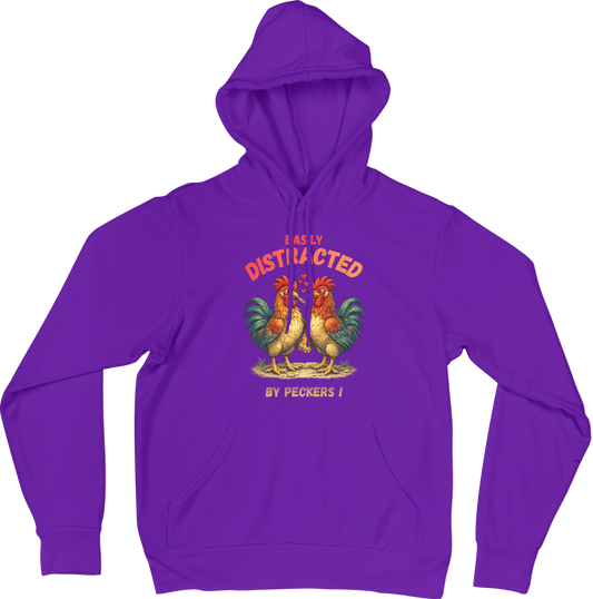 Purple hoodie with rooster graphic and text on a mulit color background