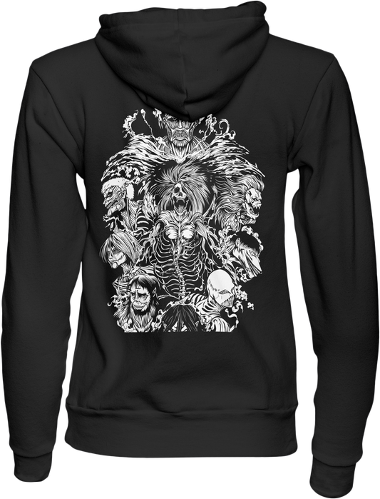Black hoodie with a detailed white graphic on the back 