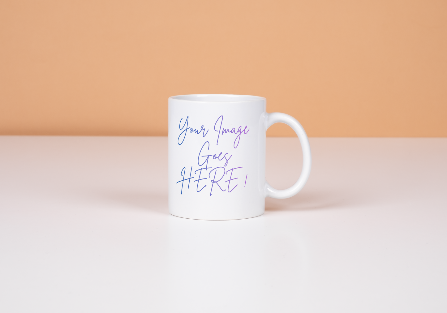 White mug with customizable text on a peach and white gradient background