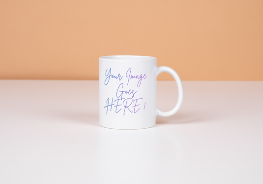 White mug with customizable text on a peach and white gradient background