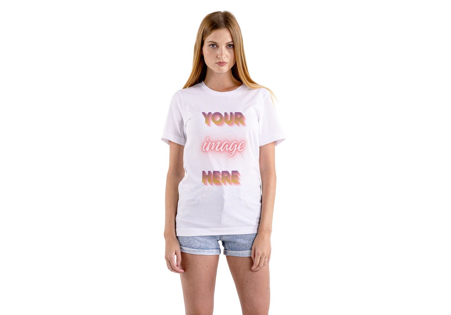 Woman wearing a white t-shirt with 'Your image here' text on a white background