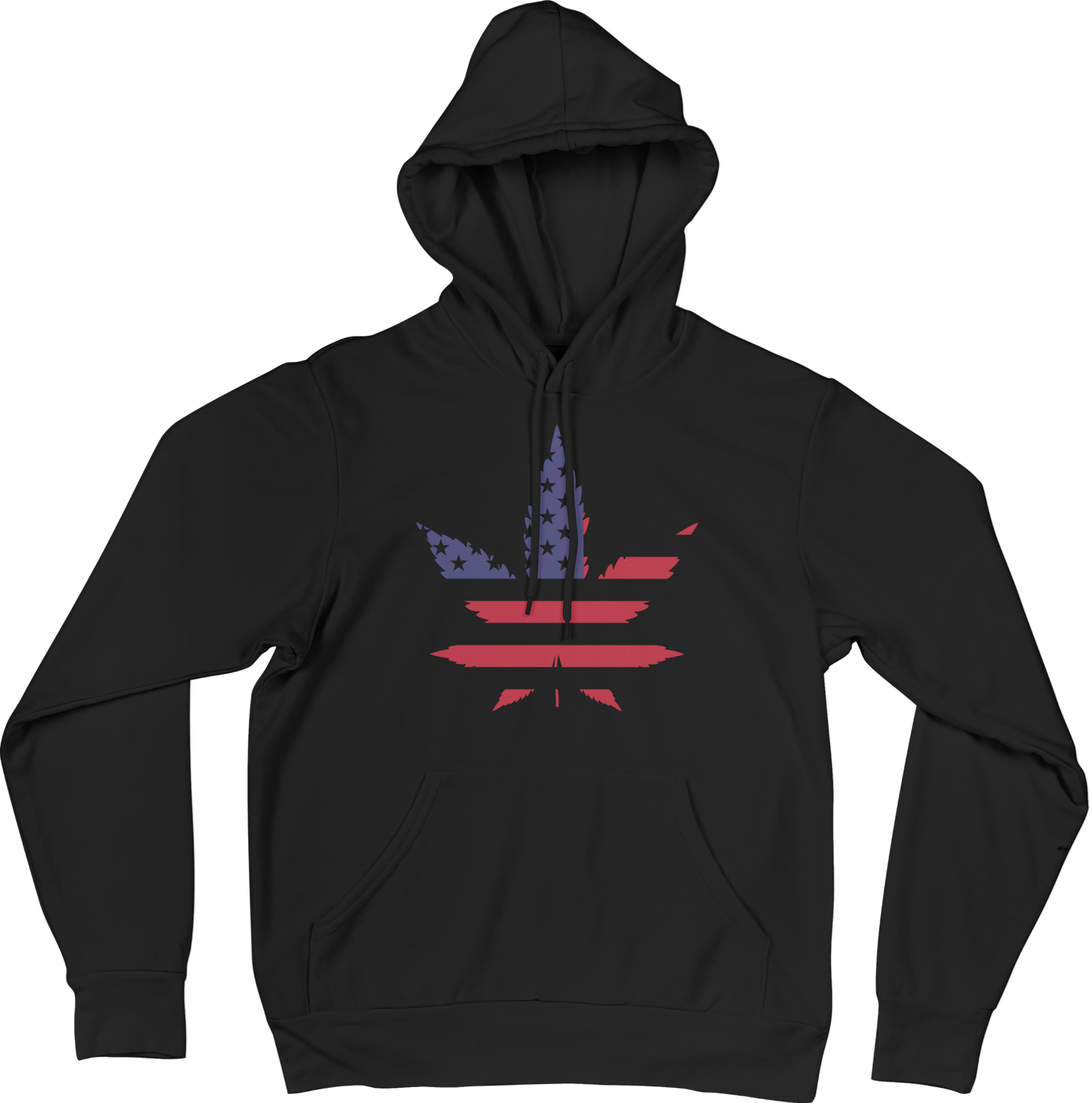 Black hoodie with a colorful red and blue graphic design on a black background
