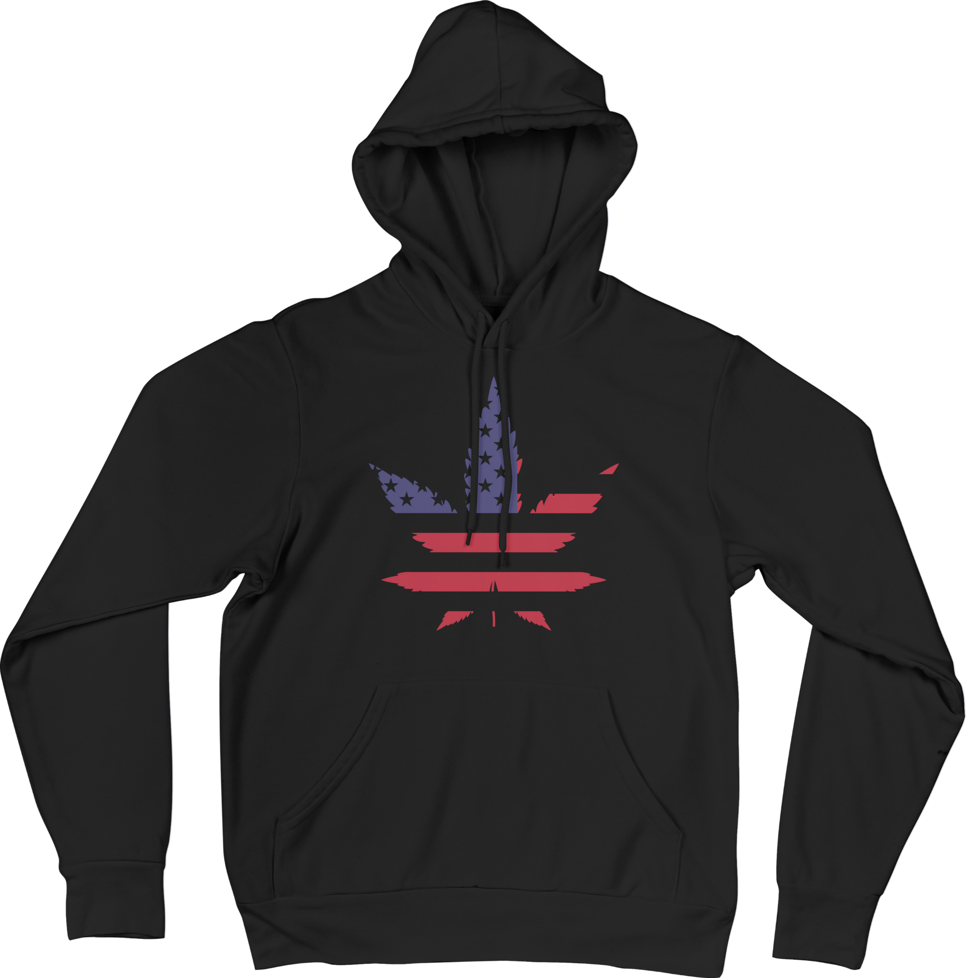 Black hoodie with a colorful red and blue graphic design on a black background