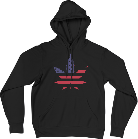 Black hoodie with a colorful red and blue graphic design on a black background