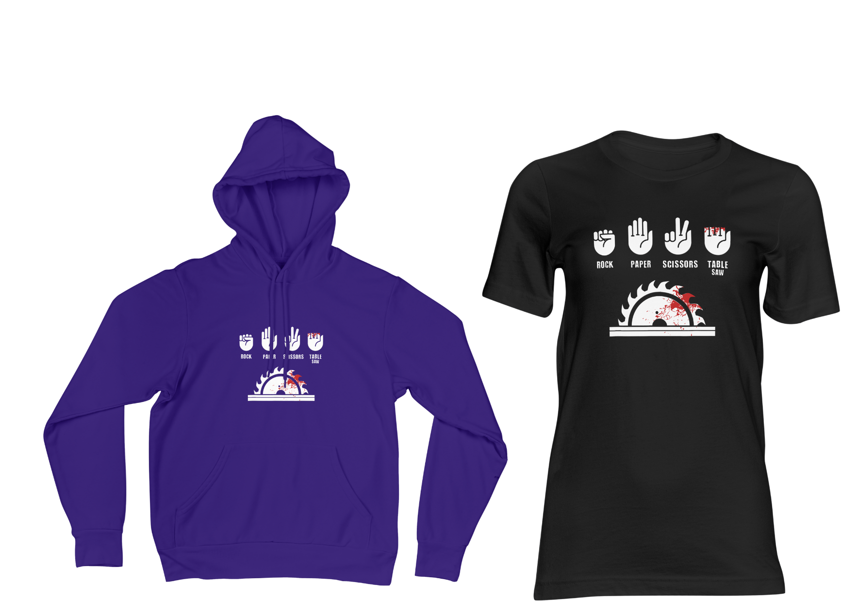 Purple hoodie and black t-shirt with graphic designs