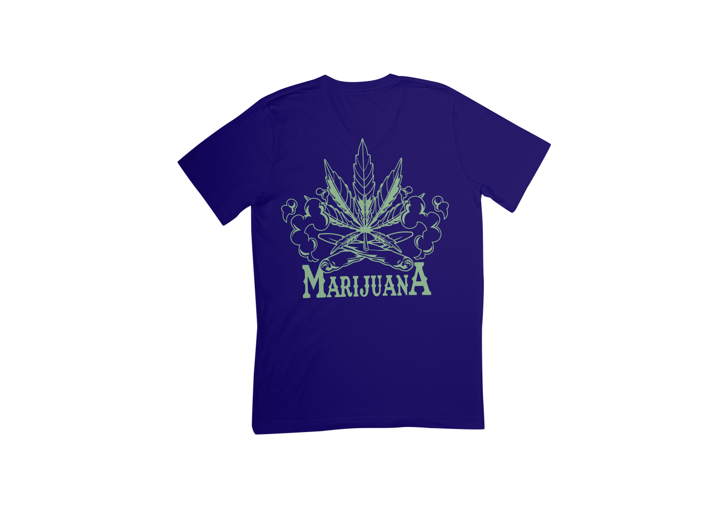 Blue t-shirt with marijuana leaf design and 'MARIJUANA' text 