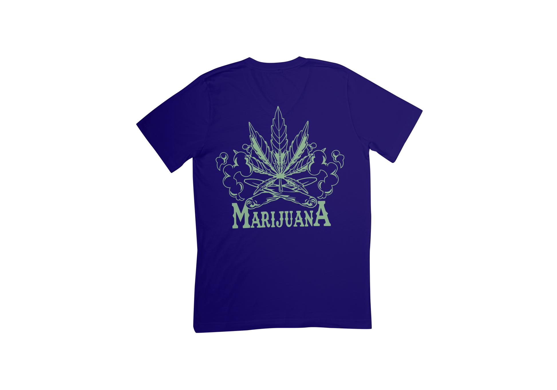 Blue t-shirt with marijuana leaf design and 'MARIJUANA' text 
