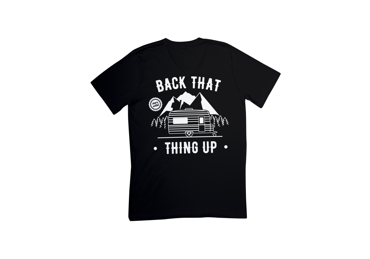 Black t-shirt with white graphic and text saying back that thing up
