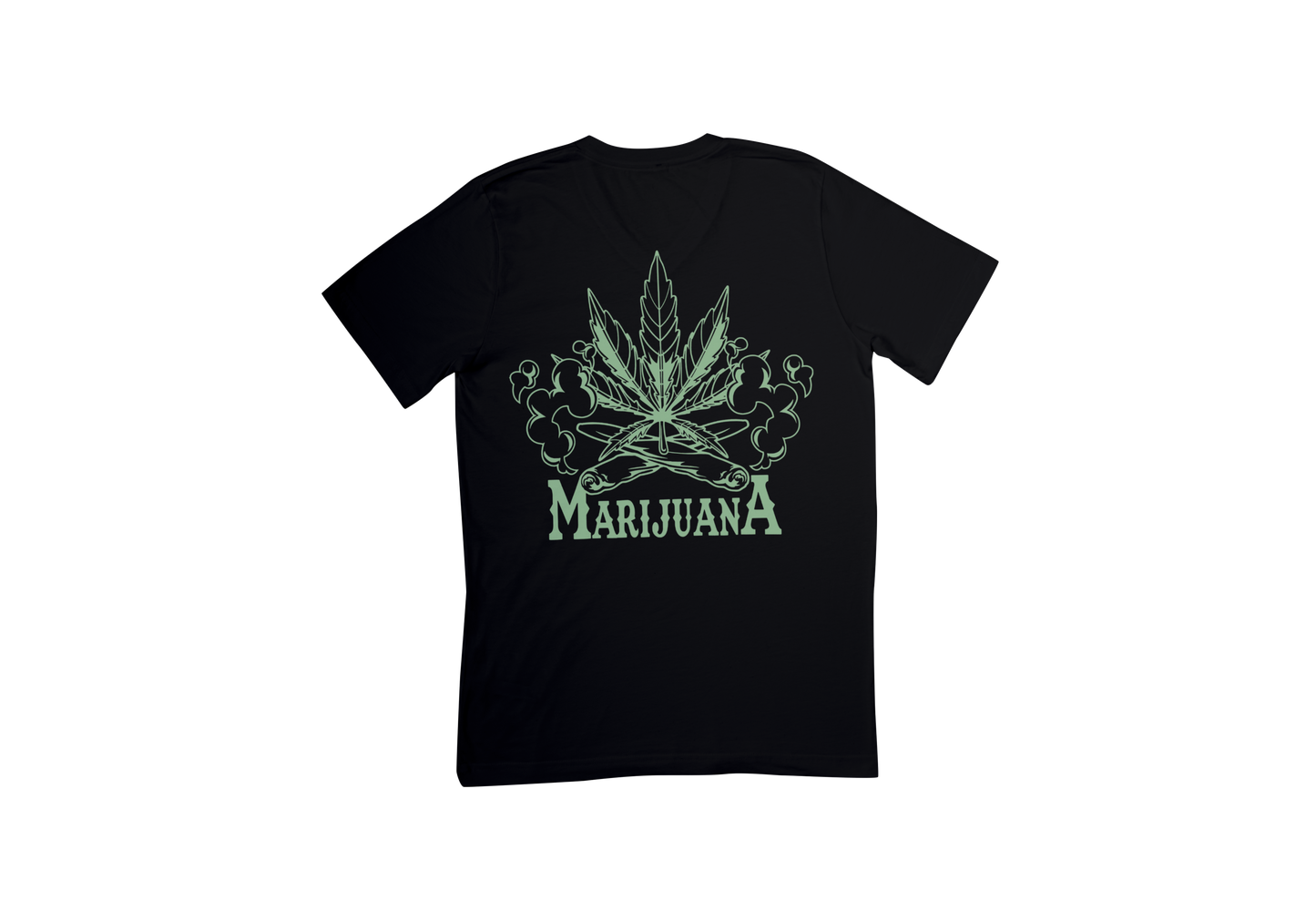 Black t-shirt with green marijuana leaf design and 'Marijuana' text 
