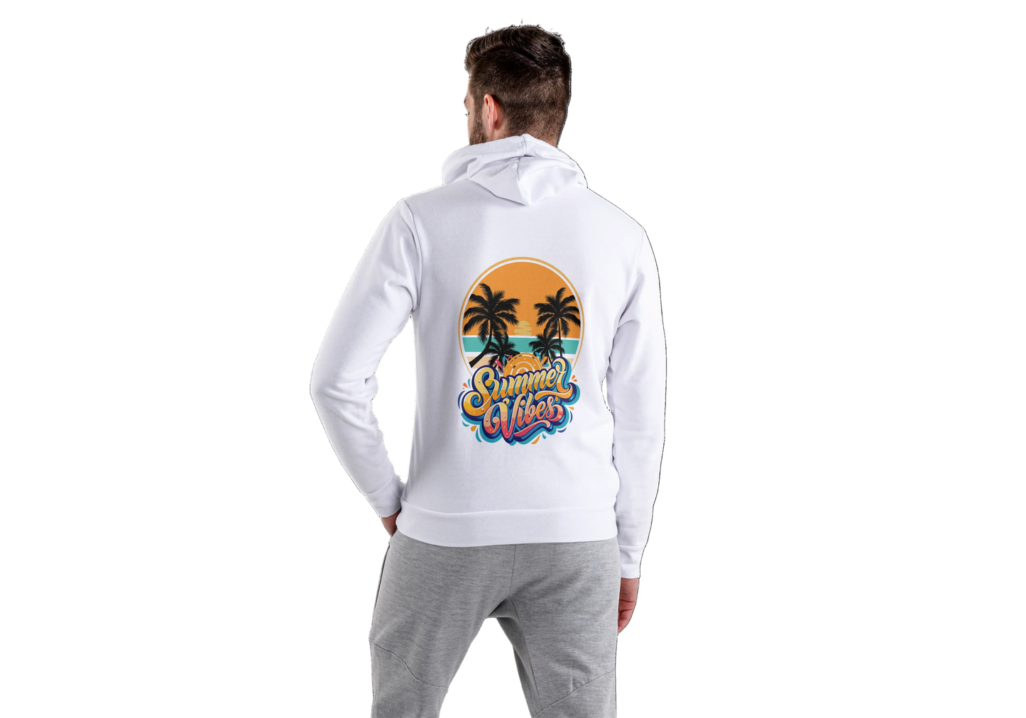 Person wearing a white hoodie with a colorful 'Summer Vibes' design on the back