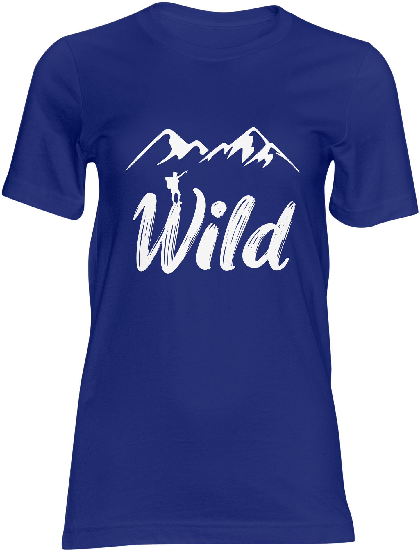 Blue t-shirt with white graphic design and text "WILD"