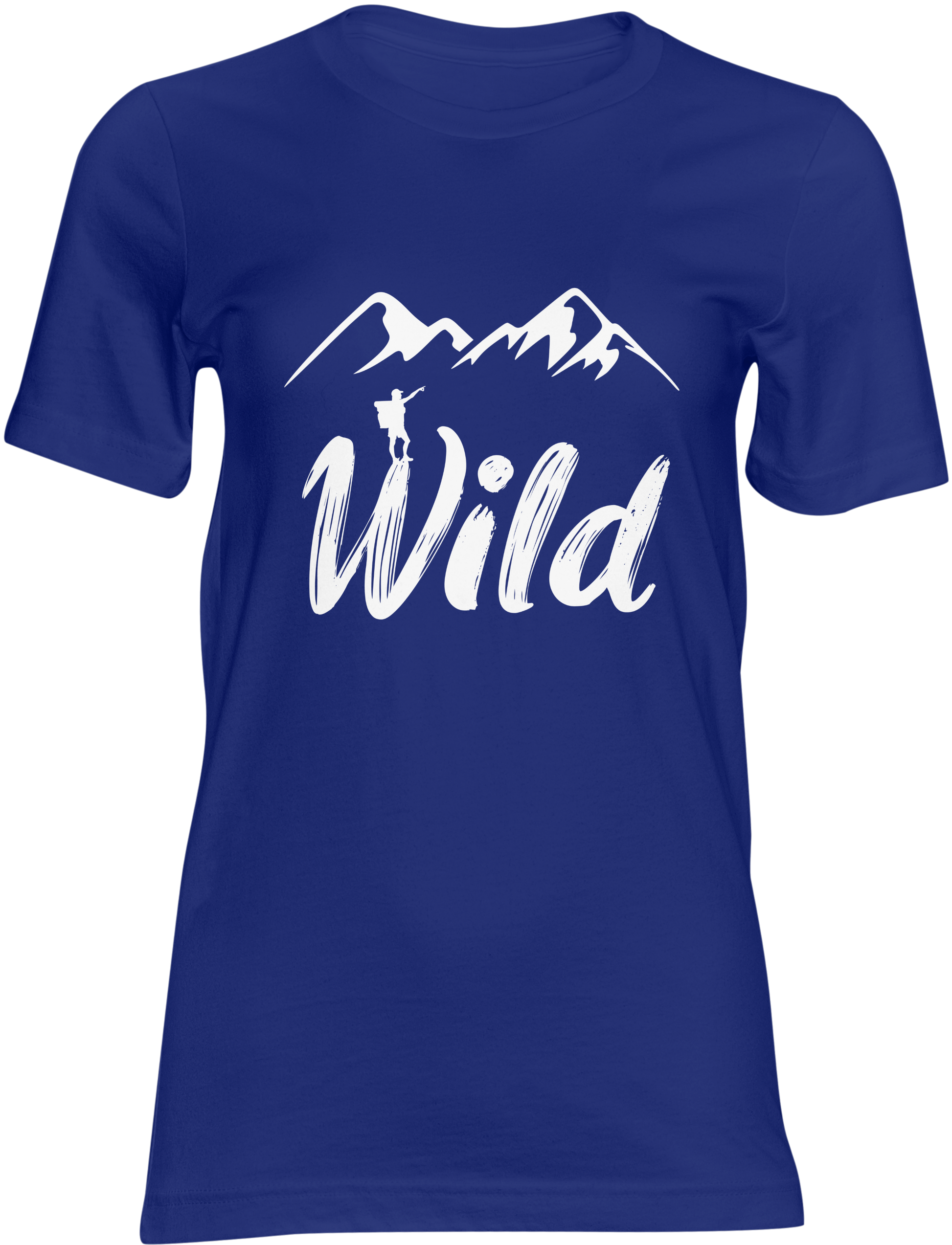 Blue t-shirt with white graphic design and text "WILD"