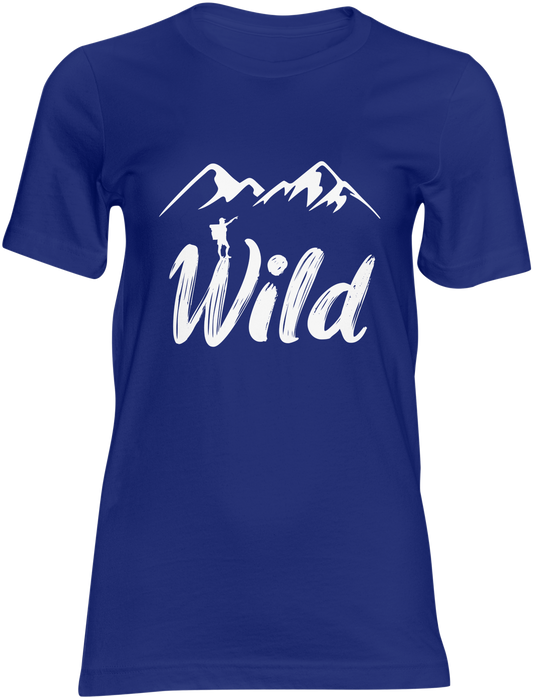 Blue t-shirt with white graphic design and text "WILD"