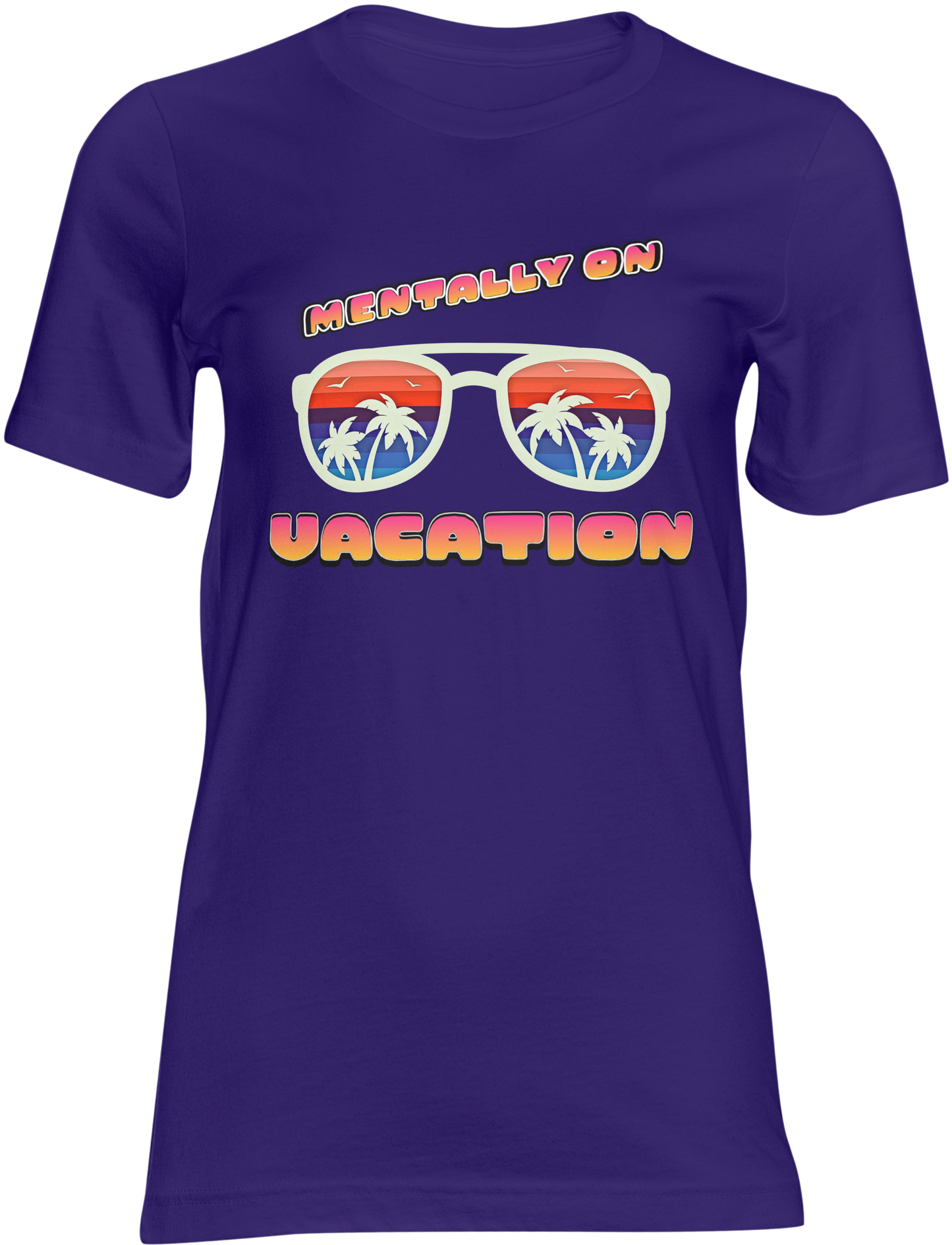 Blue t-shirt with sunglasses graphic and 'Mentally on Vacation' text on a blue background