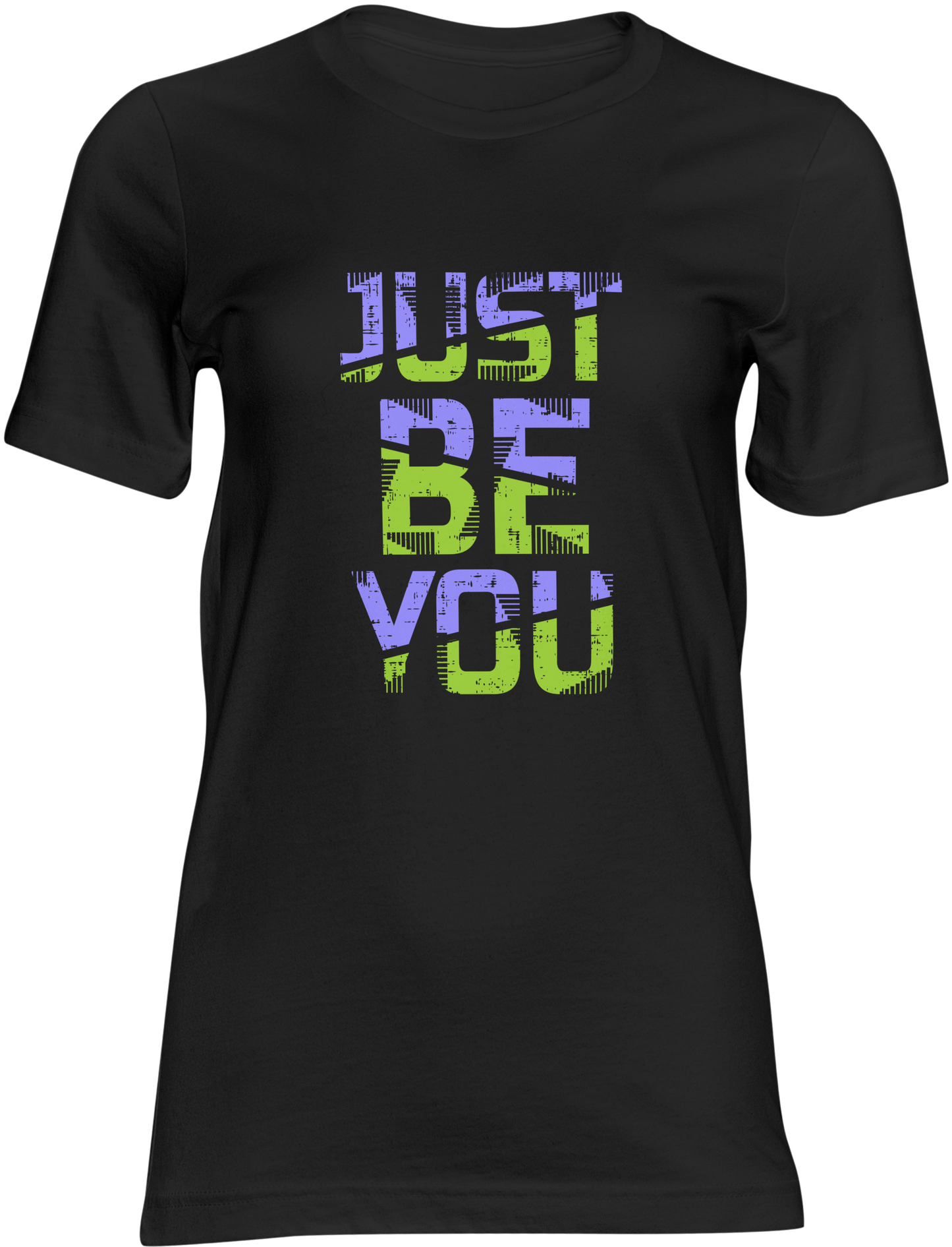 Black t-shirt with colorful 'JUST BE YOU' text on a black background