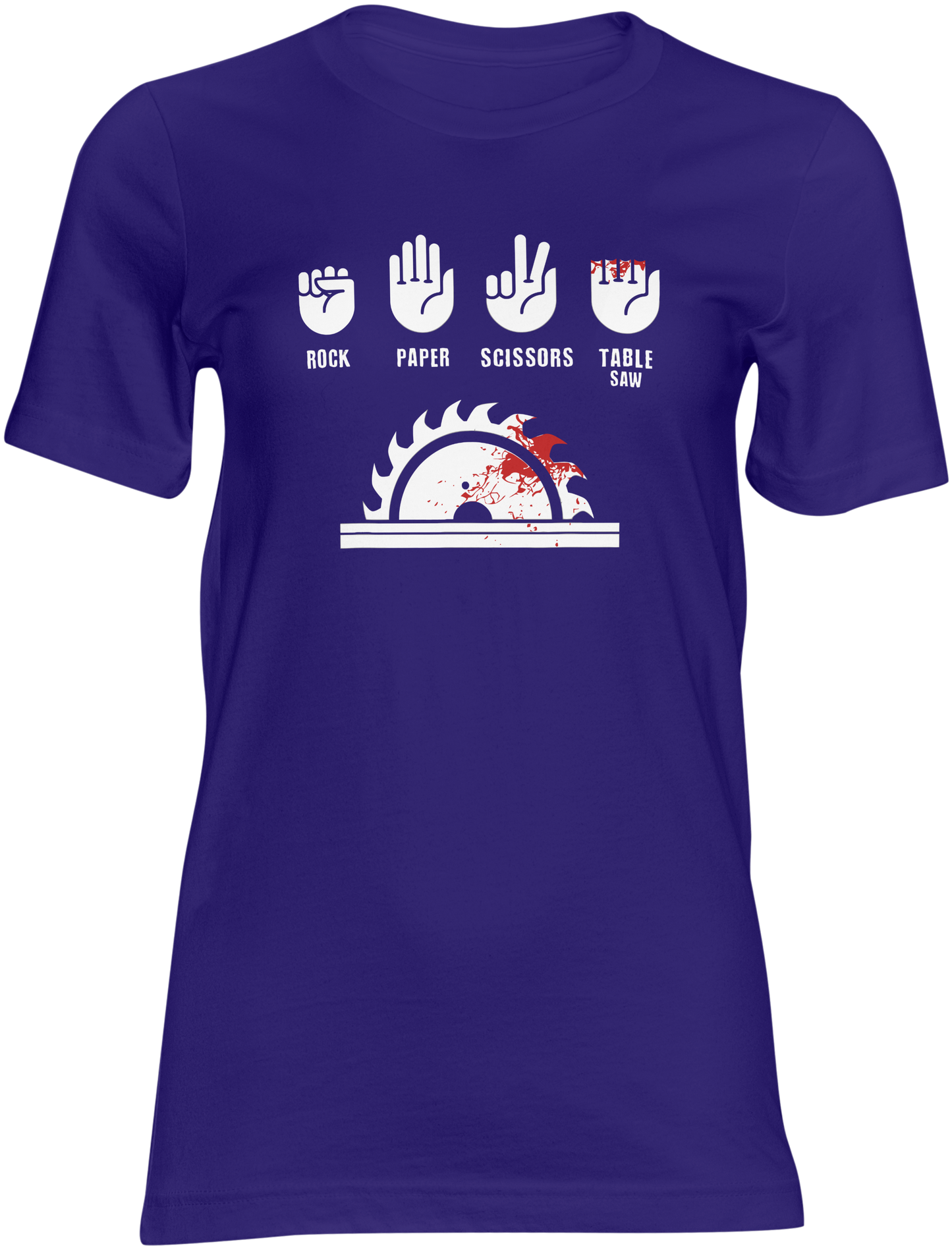 blue t-shirt with a graphic design of rock, paper, scissors, and table saw 