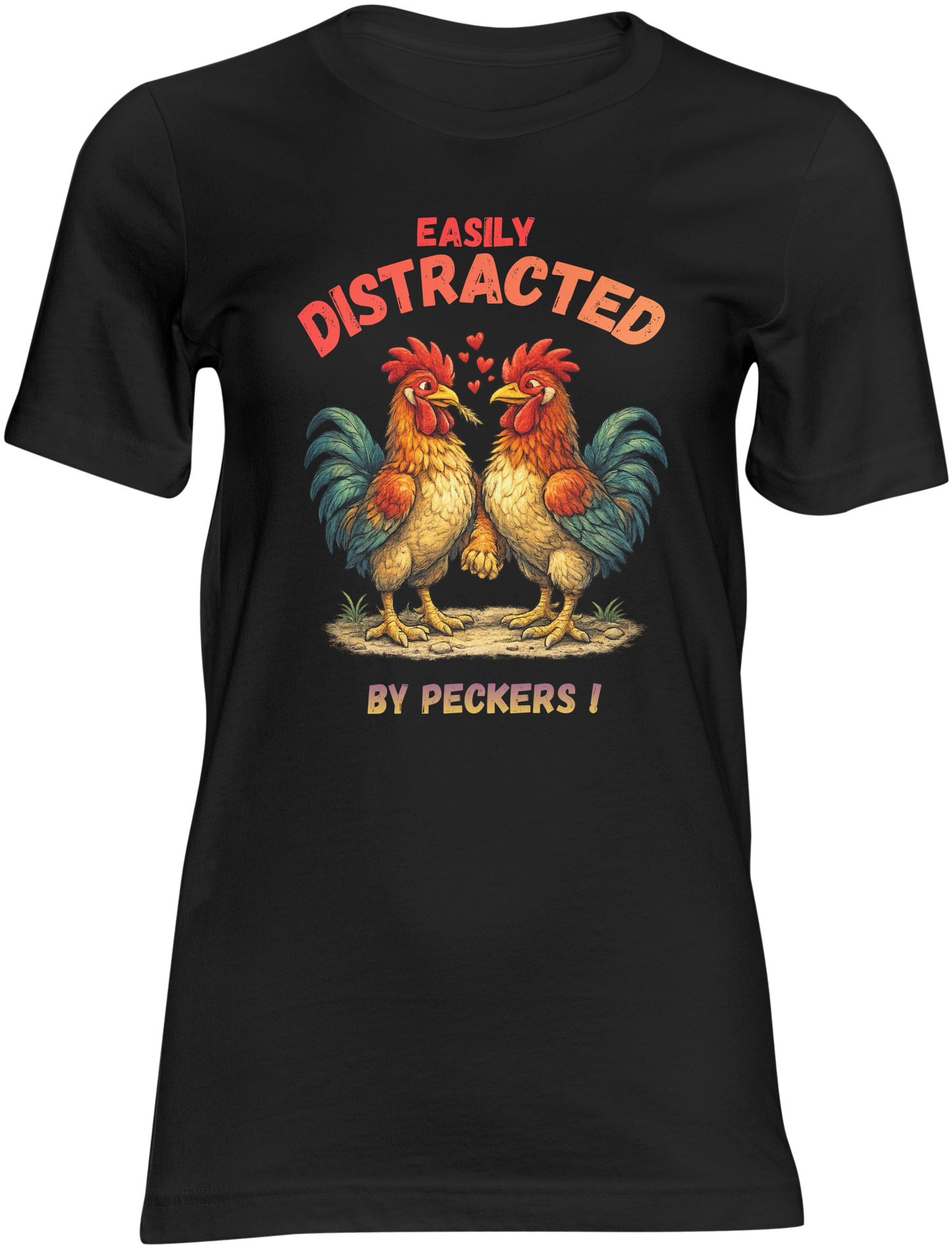 Black t-shirt with rooster graphic and text on a black background