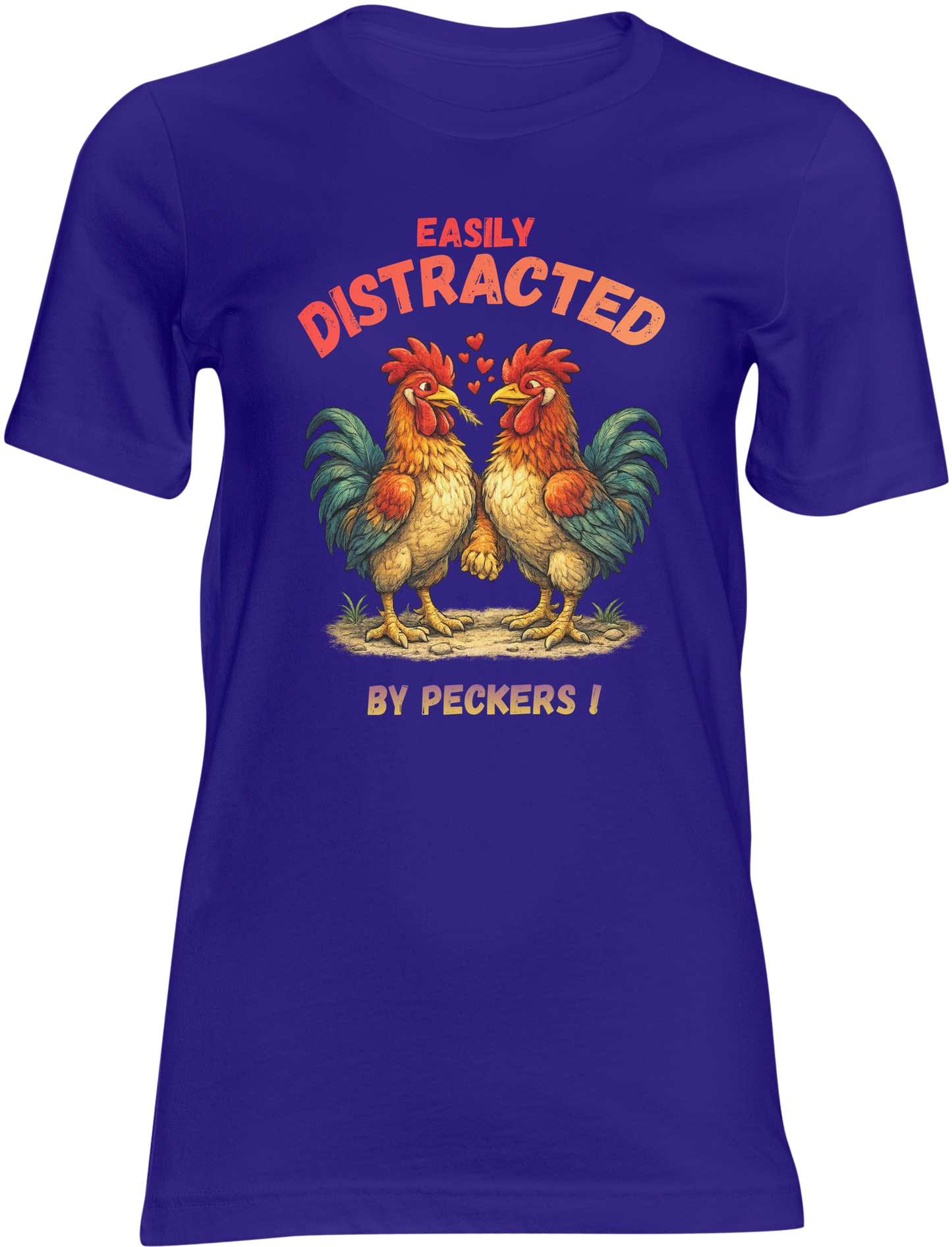 Blue t-shirt with rooster graphic and text on a colored background