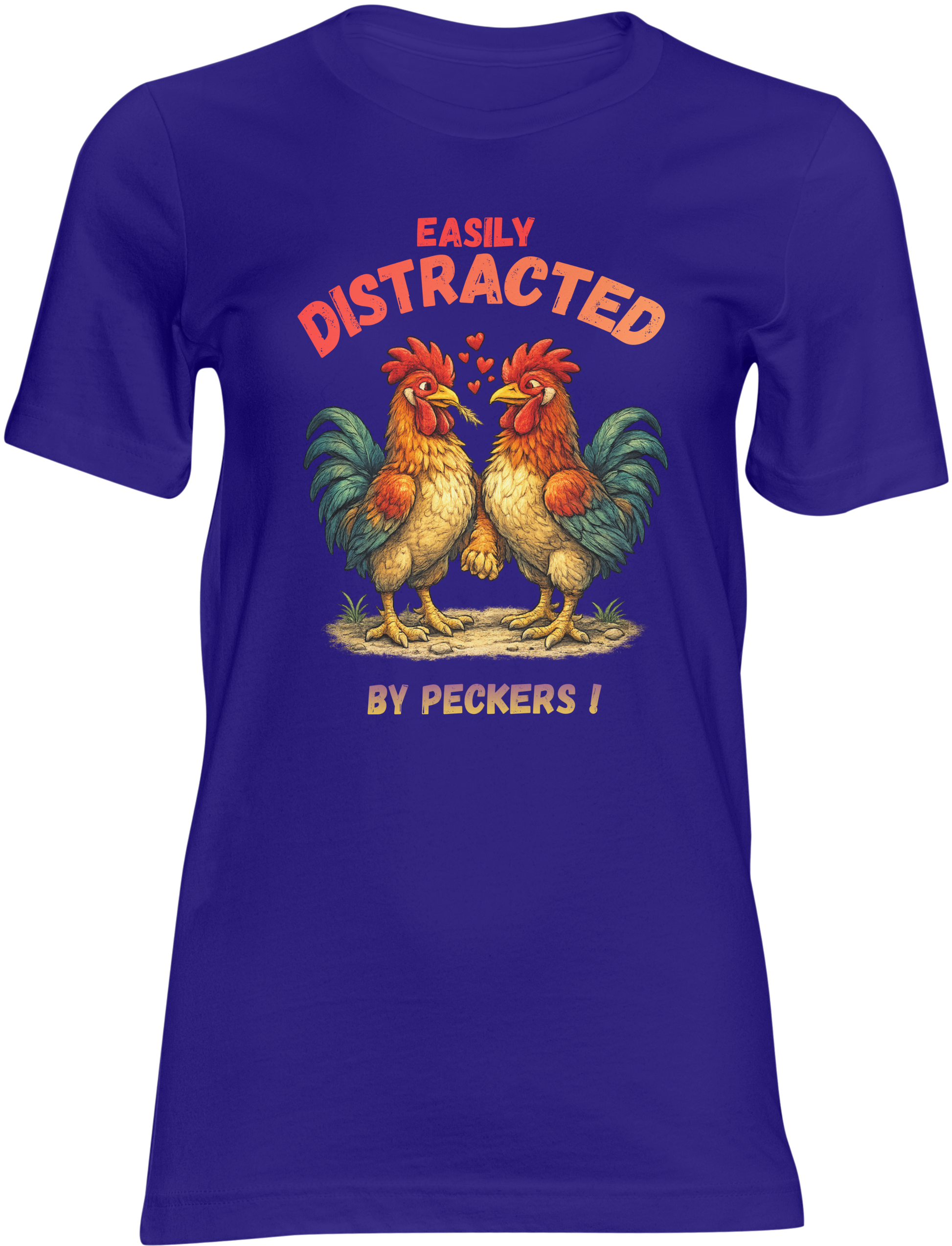 Blue t-shirt with rooster graphic and text on a colored background