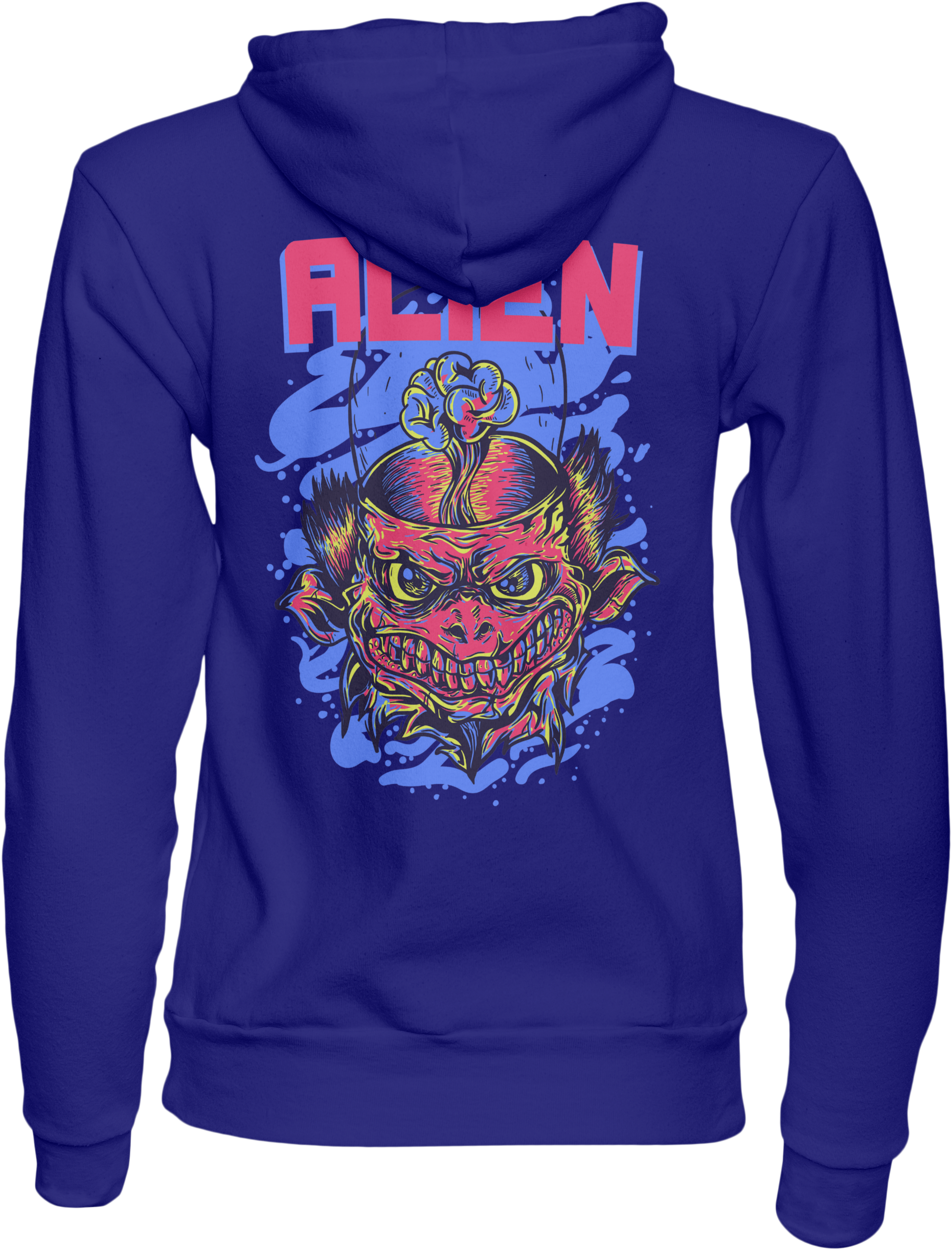 Blue hoodie with a colorful alien design on the back